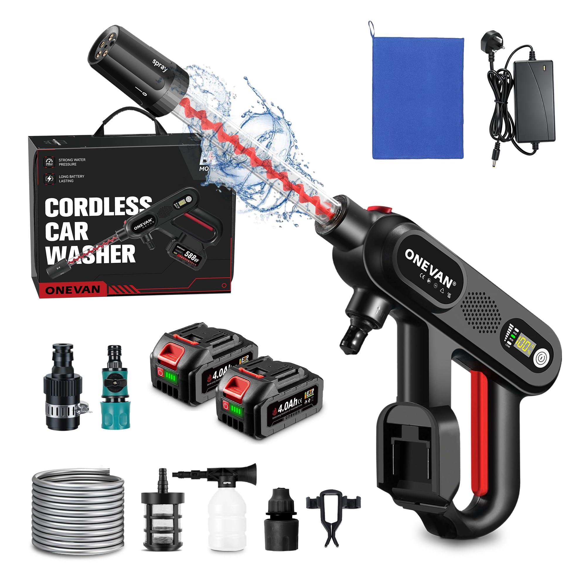 ONEVAN Cordless Pressure Washer- 80Bar(1160PSI) Brushless Jet Washer, 5-in-1 Adjustable Nozzle, Advanced Spiral Technology, with 5M Hose, Tap Connector, 2×4.0Ah Battery, for Car/Floor/Garden