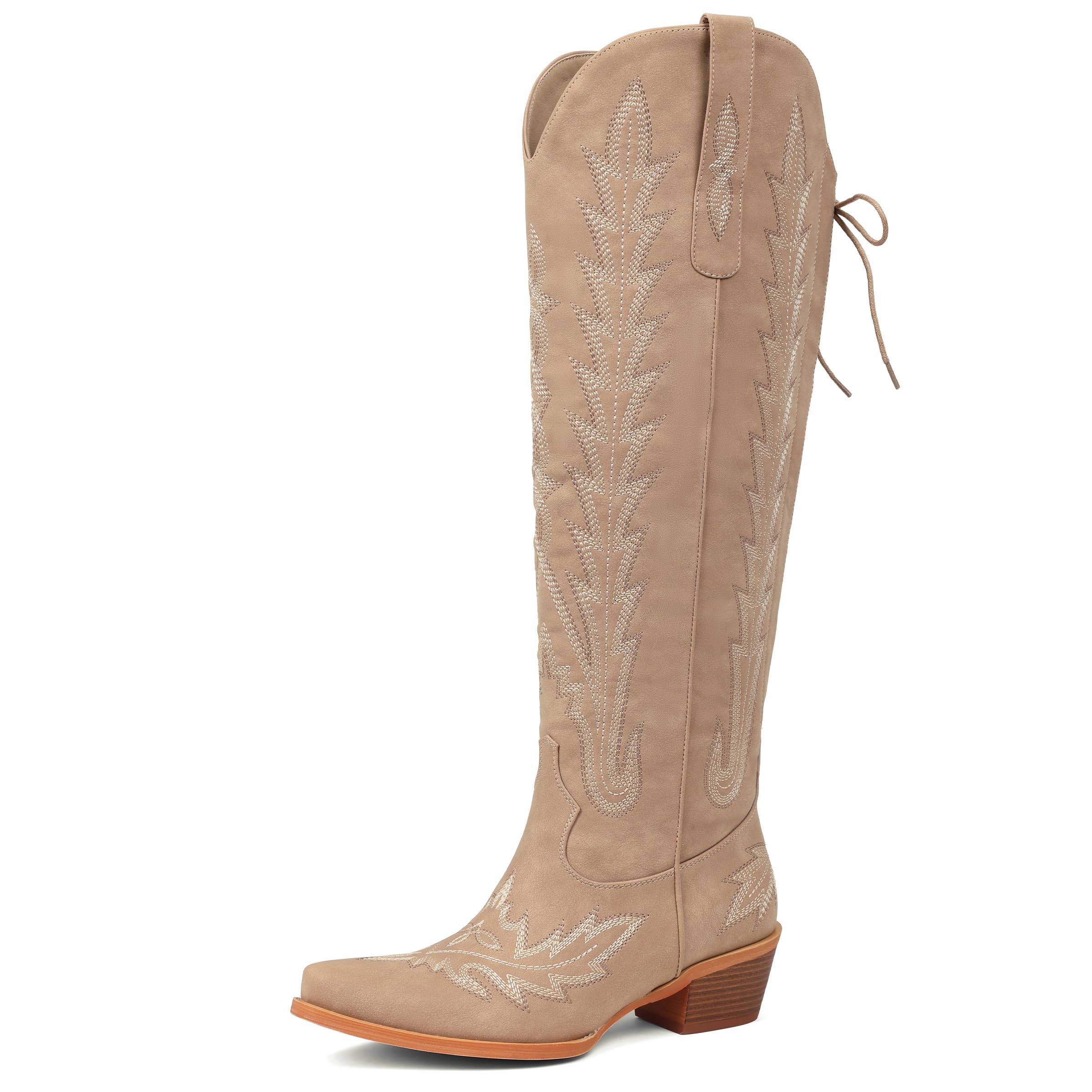 Womens Cowboy Boots Knee High Embroidered Cowgirl Adjustable Lace Up Western Boots