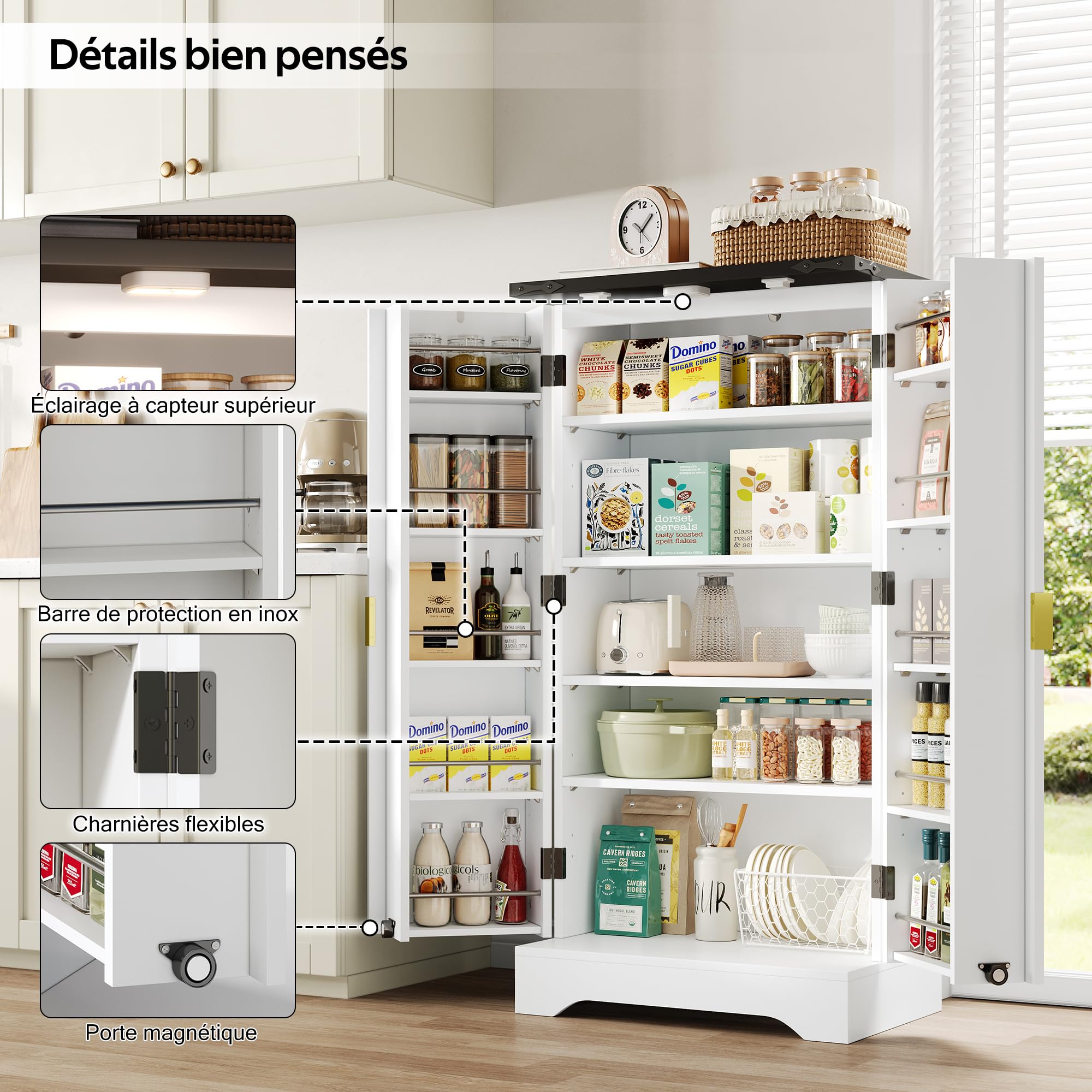 Küchenschrank mit Gewürzregal – Moderner Doppeltür-Hochschrank 120x60.5x40cm, Verstellbare Regalböden, Holzmaserung-Finish, Stauraum für Küche & Esszimmer (Weiß)