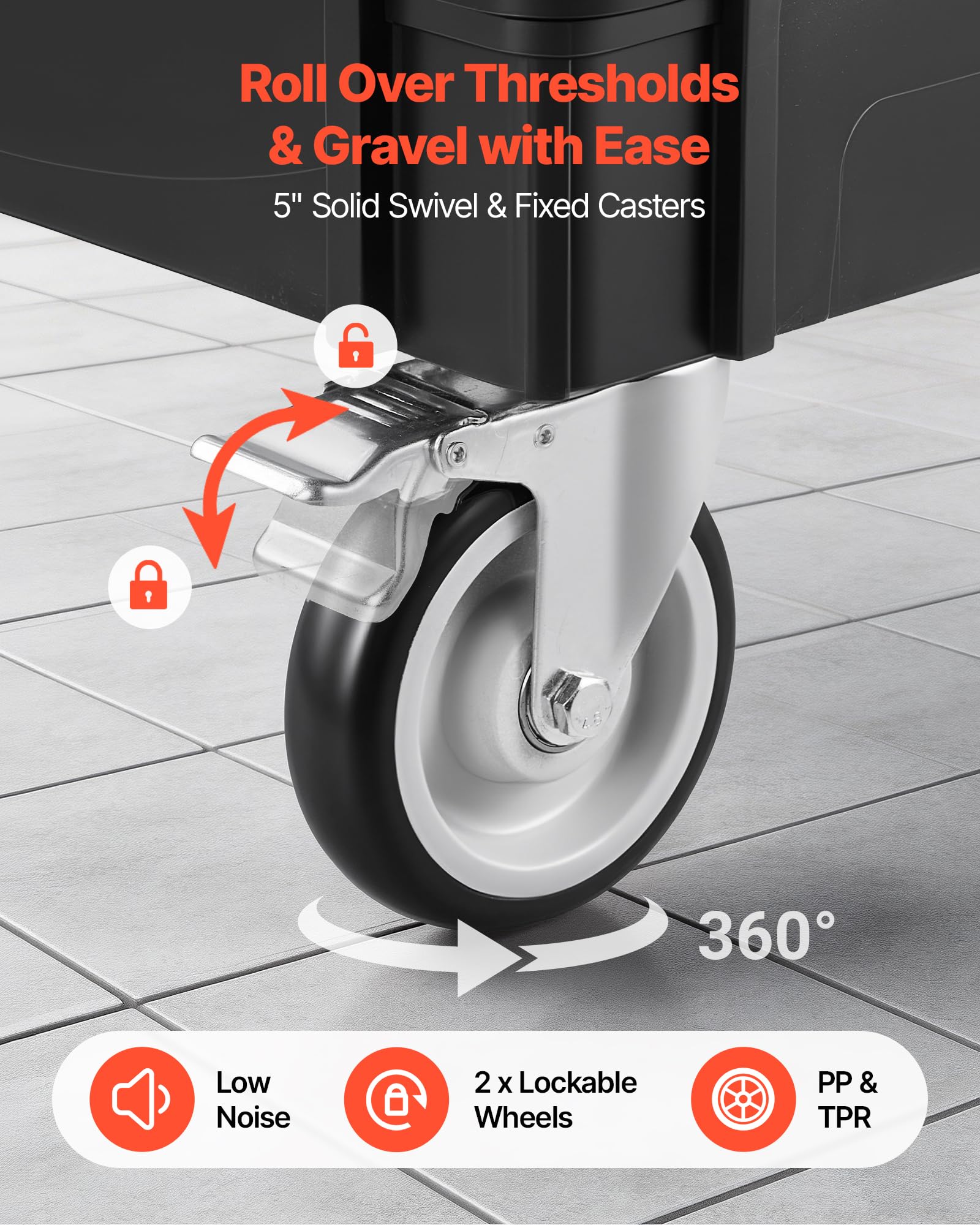 VEVOR Carrello di Servizio Portata 250 kg 2 Ripiani Ruote Girevoli a 360°, Carrello Officina, Ruote Fisse con Freno, Struttura in Plastica Resistente con Vassoio e Pannello Forato, per Garage, Nero