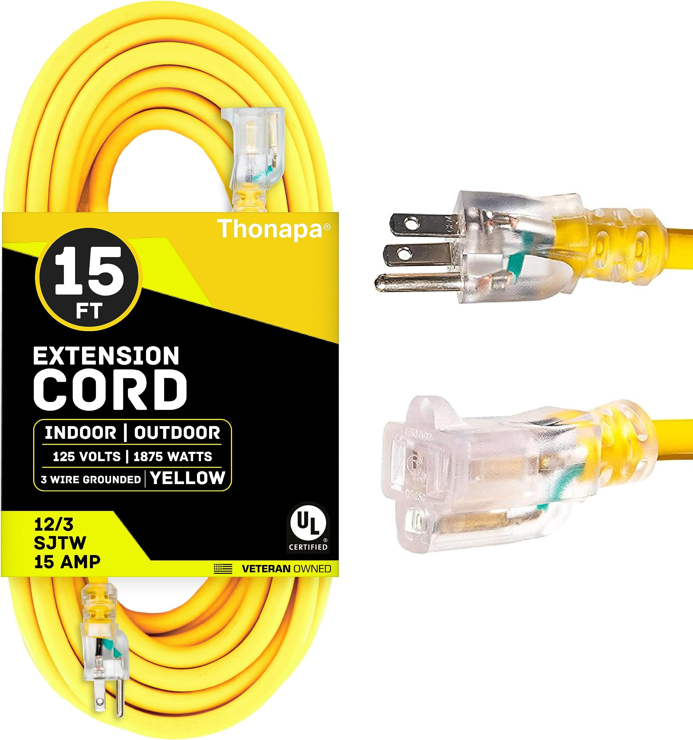 Thonapa 12 Gauge Outdoor Extension Cord 15 ft, 12/3 SJTW