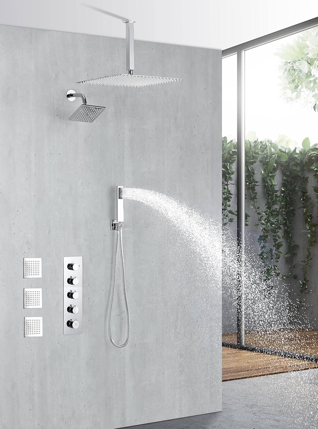 Chrome 4 Function Thermostatic Faucet Set with Ceiling 12" Rain Shower Head, High Pressure 6", Body Jets and Handheld Spray