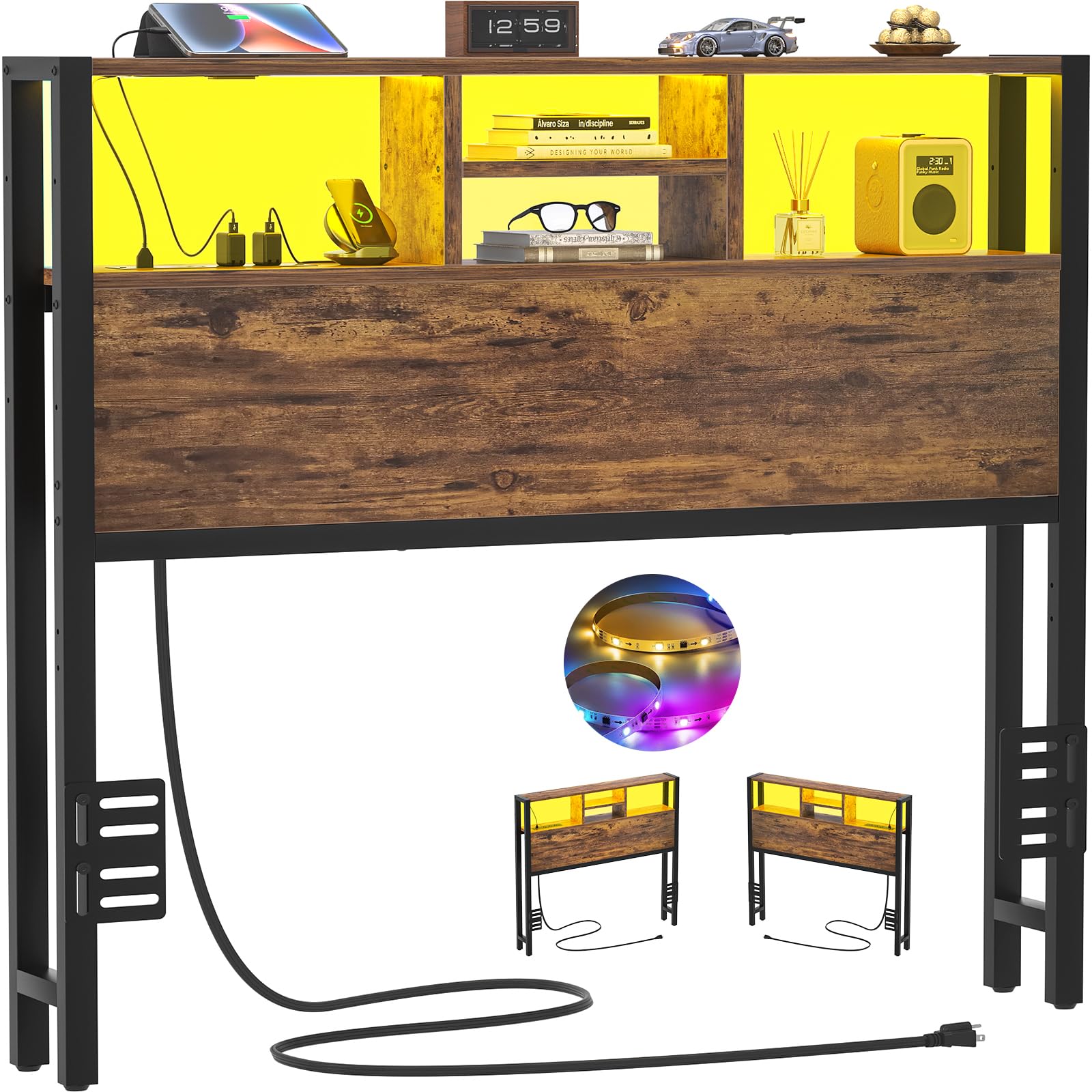 iSunirm Testiera per letto ripiani portaoggetti da 102 cm, testiera con prese di corrente, porte USB e Pype C, luce a LED, solo testiera, regolabile in altezza, reversibile, marrone