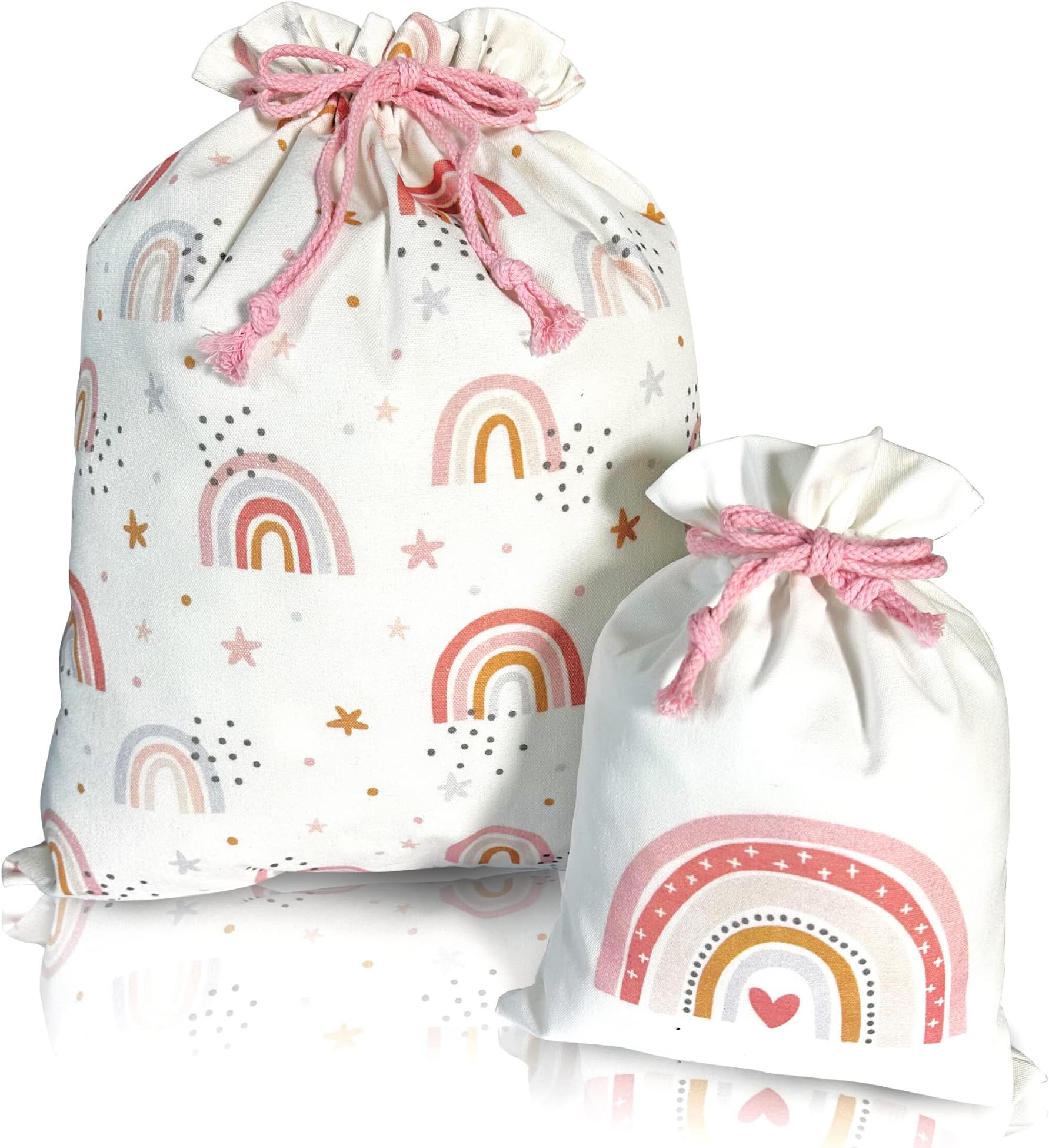Gather and Knot Fabric Gifting & Drawstring Gift Bags | 20" Large 12" Small | Premium Canvas | Reusable Wrap for Baby Shower or Girl Birthday | Rainbow