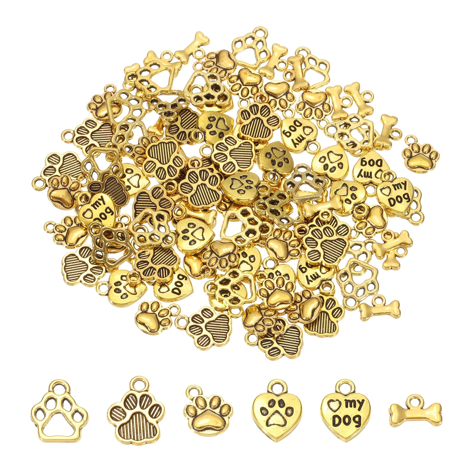 sourcing map 100Pcs 5 Styles Dog Paw Print Charms, Alloy Stripe Style Heart Shape Animal Footprint Pendant Dog Bone Shaped Charms Hollow Dogs Charm for Jewelry Making, Ancient Gold