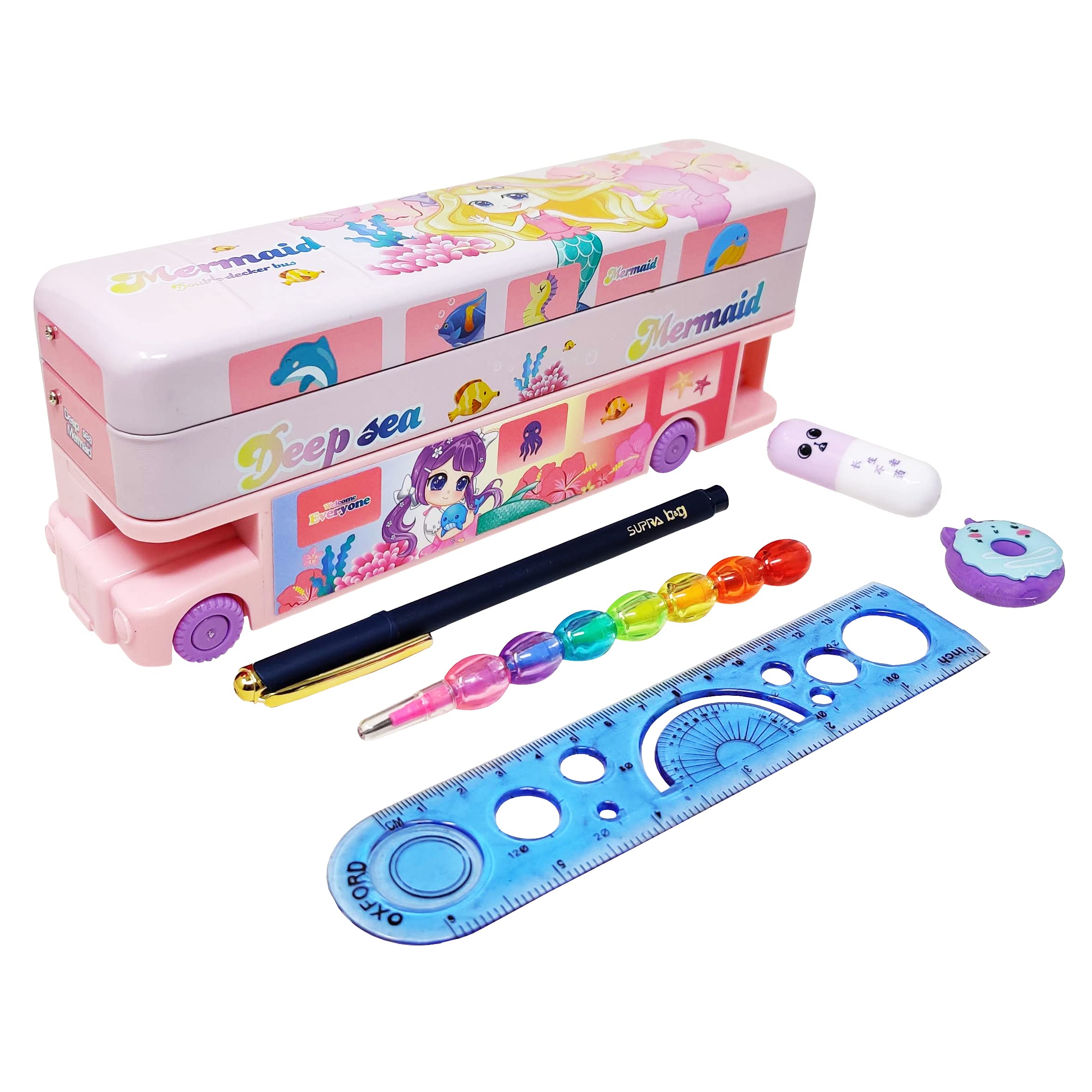 PARTEET Combo (Pack of 6 Items) 1 Double Decker London Bus Metal Pencil Box, 1 Gel Pen, 1 Capsule Shape Highlighter, 1 Stack Pencil, 1 Eraser, 1 Scale for Kids (Assorted Colour) (B0B7MGFFLF) Amazon Price History, Amazon Price Tracker
