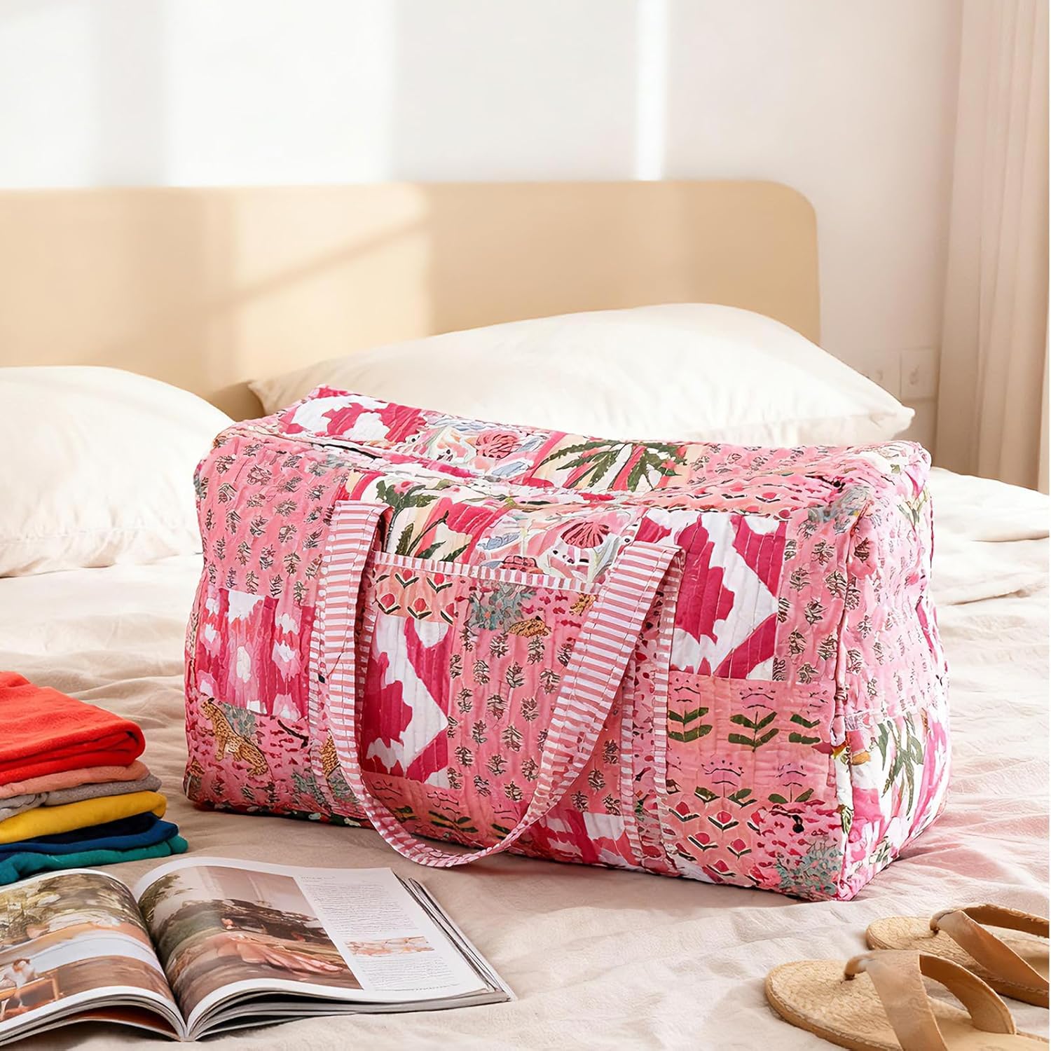 Large Cotton Patches Duffle Bags Block Print Quilted Fabric Weekender Bags for Women Holiday Gifts Handmade Colorful Travel Overnight Bag - Image 4