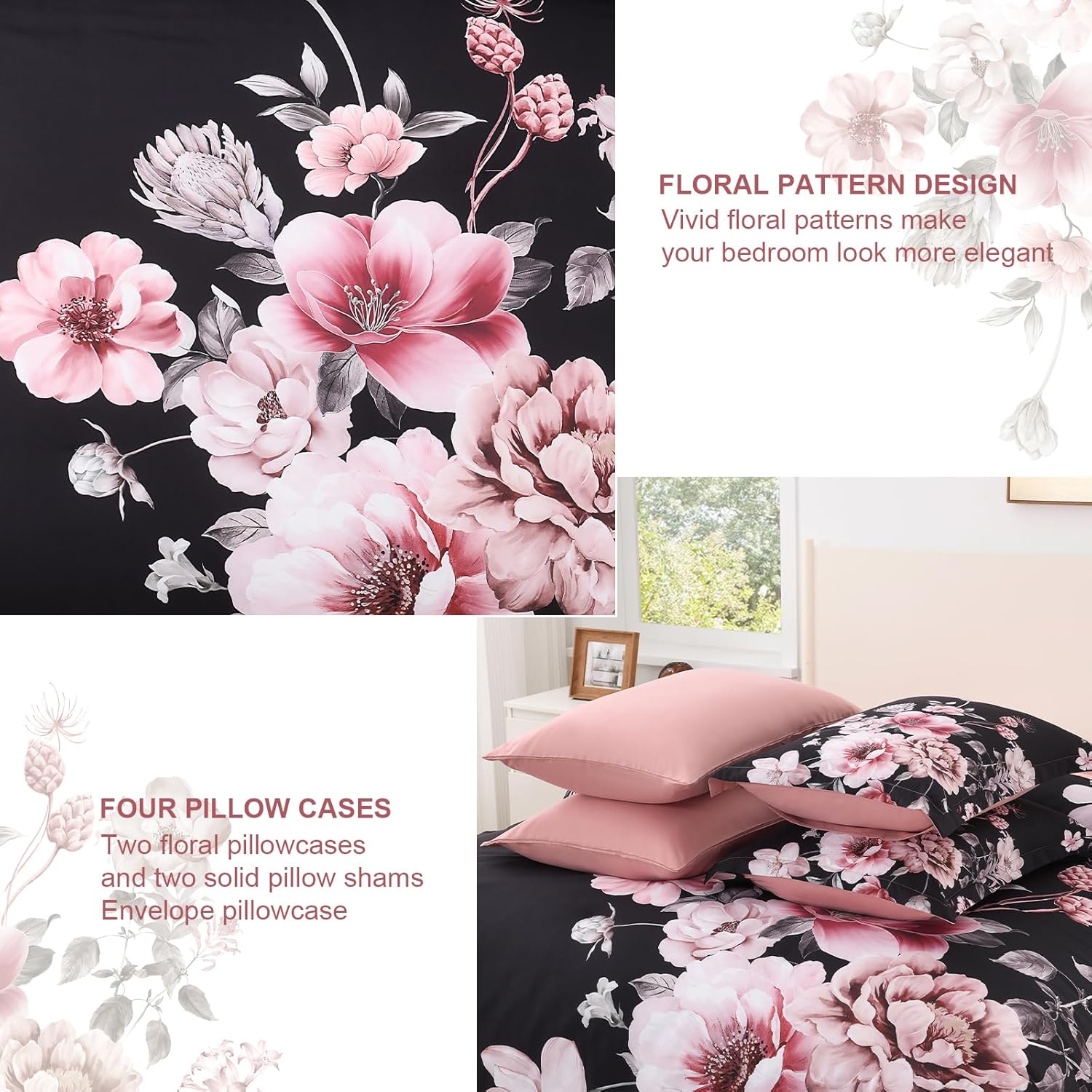 Floral King Size Comforter Set - 7 Piece Botanical Black and Pink Bed in a Bag Ulter Soft Microfiber Bedding Set, Lightweight Bed Comforter Set with Sheets for All Season (Black, King) - Image 7