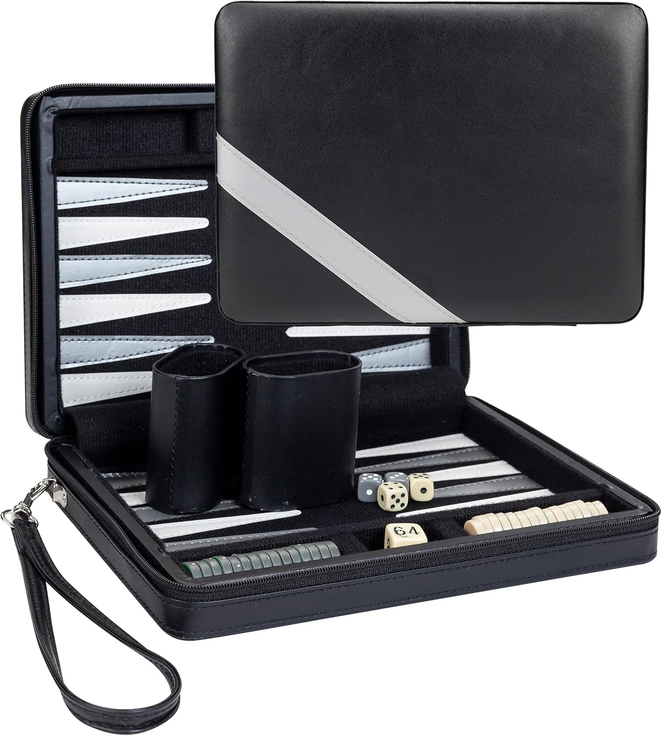 WE Games Backgammon Set, Board Games for Adults - Travel Games - Black with Gray Stripe Magnetic Leatherette Backgammon Board and Carrying Strap - Travel Backgammon Sets for Adults
