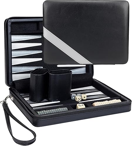 WE Games Juego de backgammon, juegos de mesa para adultos, juegos de viaje, negro con rayas grises, tablero magnético de backgammon de cuero Negro