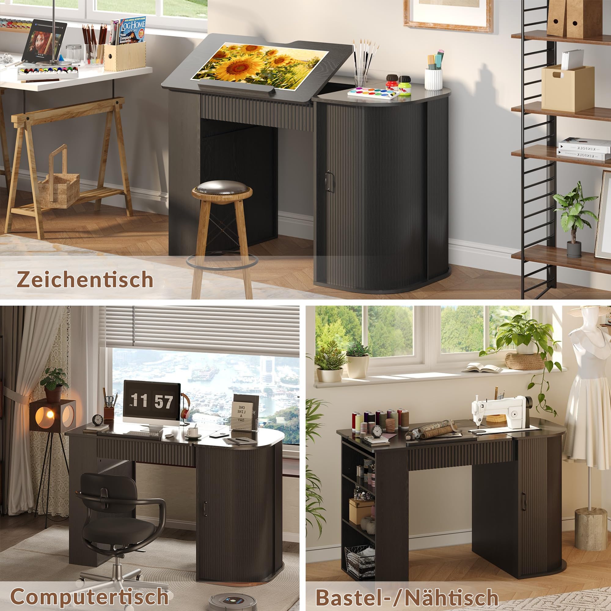 Zeichentisch mit neigbarer Platte, Regal und Schrank, Schwarz | Neigbare Tischplatte, Regal mit 3 Fächern, Schrank mit Tür, Ablageleiste, Für Zeichnen und Malen