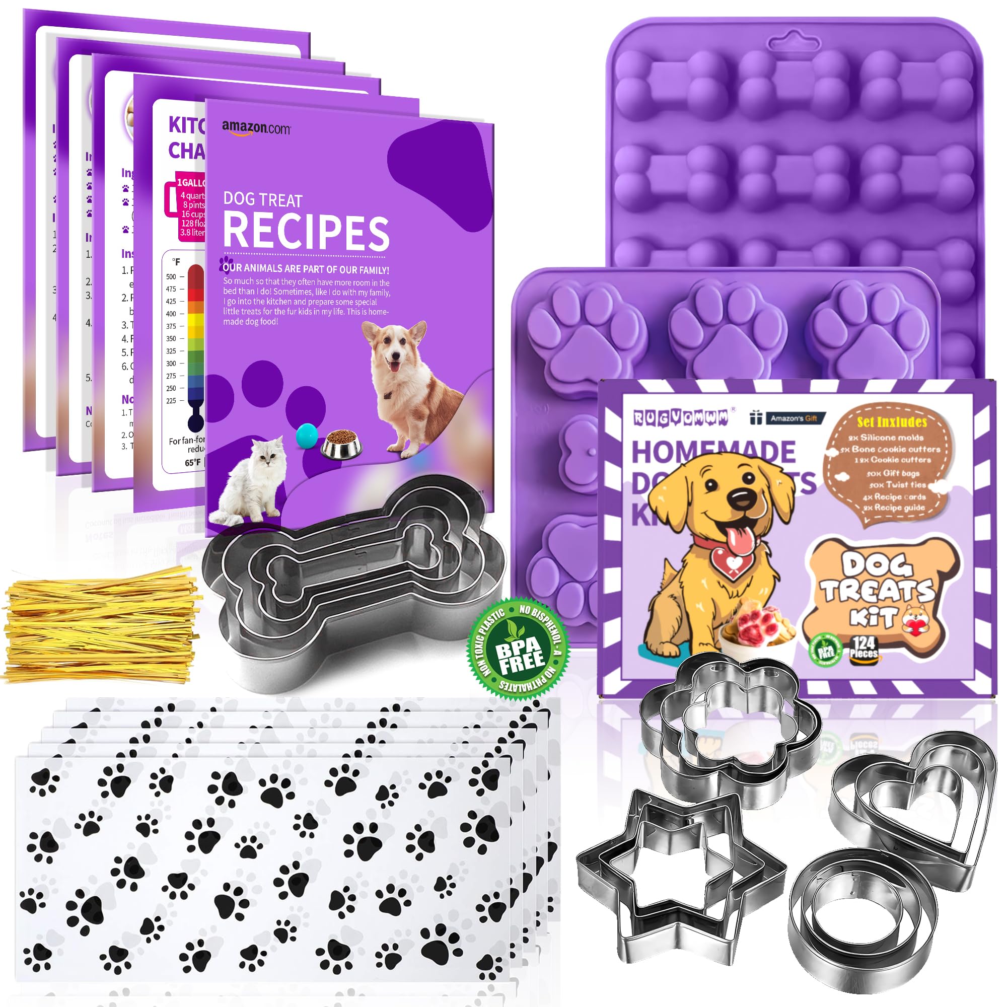 Photo 1 of 123 Pcs Homemade Dog Treat Molds & Cutters, Including 2 Silicone Dog Molds, 5+12 Cookie Cutters, 4 Recipe Cards, 50 Treat Bags & 50 Gold Twist Ties