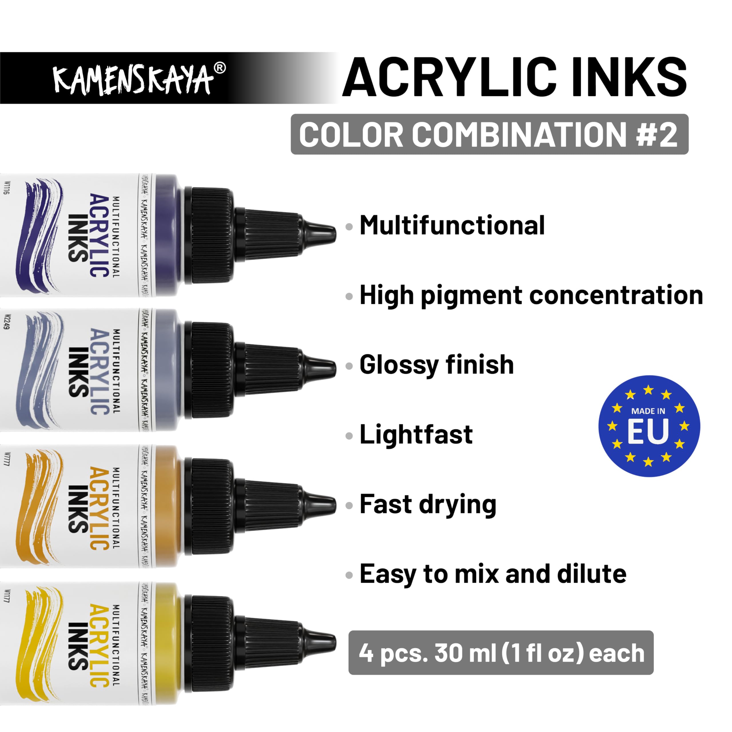 Kamenskaya Acrylic Inks for Artists - Acrylic Ink Set, Color Combination #2-4 pcs. 1 Fl Oz (30 ml) Each, 30 ml (Pack of 4) - Image 3