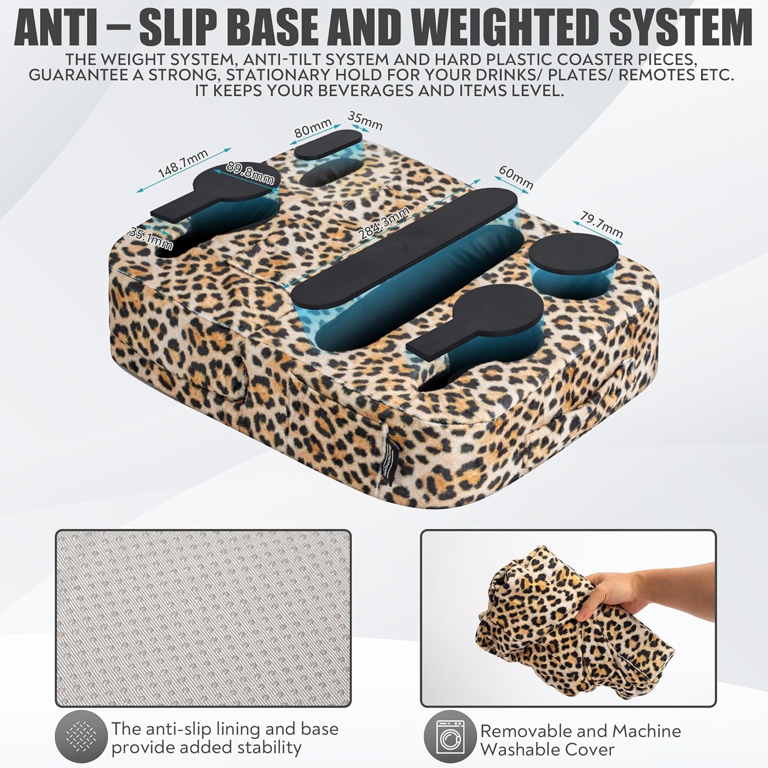TabCouchCaddy - Couch Cup Holder Tray Pillow - Bed, Couch Caddy, Sofa, RV & Car - Holds Drinks, Snacks, Remotes, Phones, Kindle, Tablet | Bed Cup Holder (): Leopard