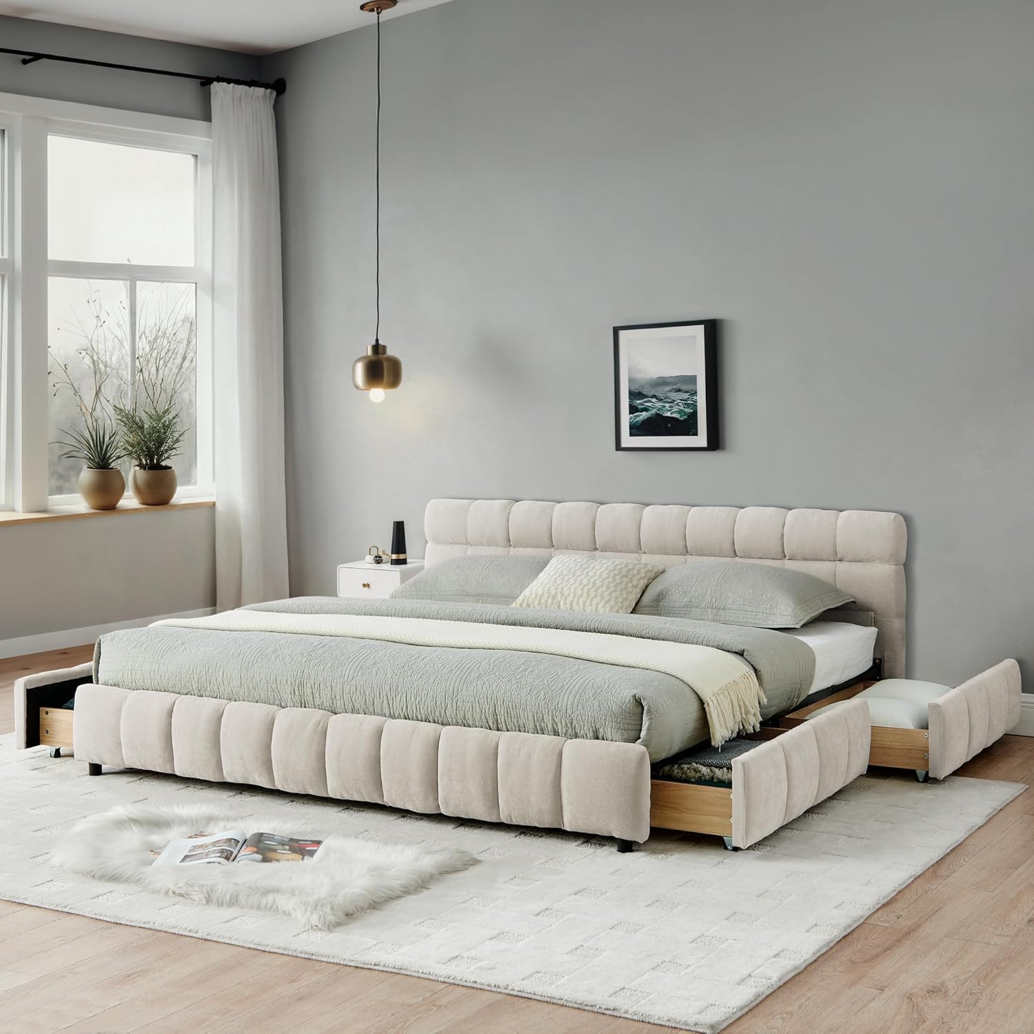 California King size Upholstered Platform Soft Bed Frame with 31-inch High Extra-Thick Soft Headboard, Modern Low Profile Grounded Design, Chenille Cream Bed with 4 Storage Drawers, No Box Spring