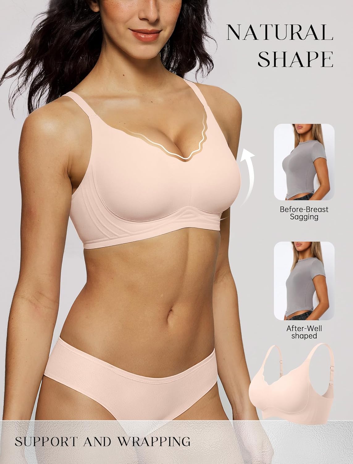 Wireless Seamless Bras for Women No Underwire Push Up Scalloped V Neck Full Coverage Support Bralettes Everyday Bras - Image 3