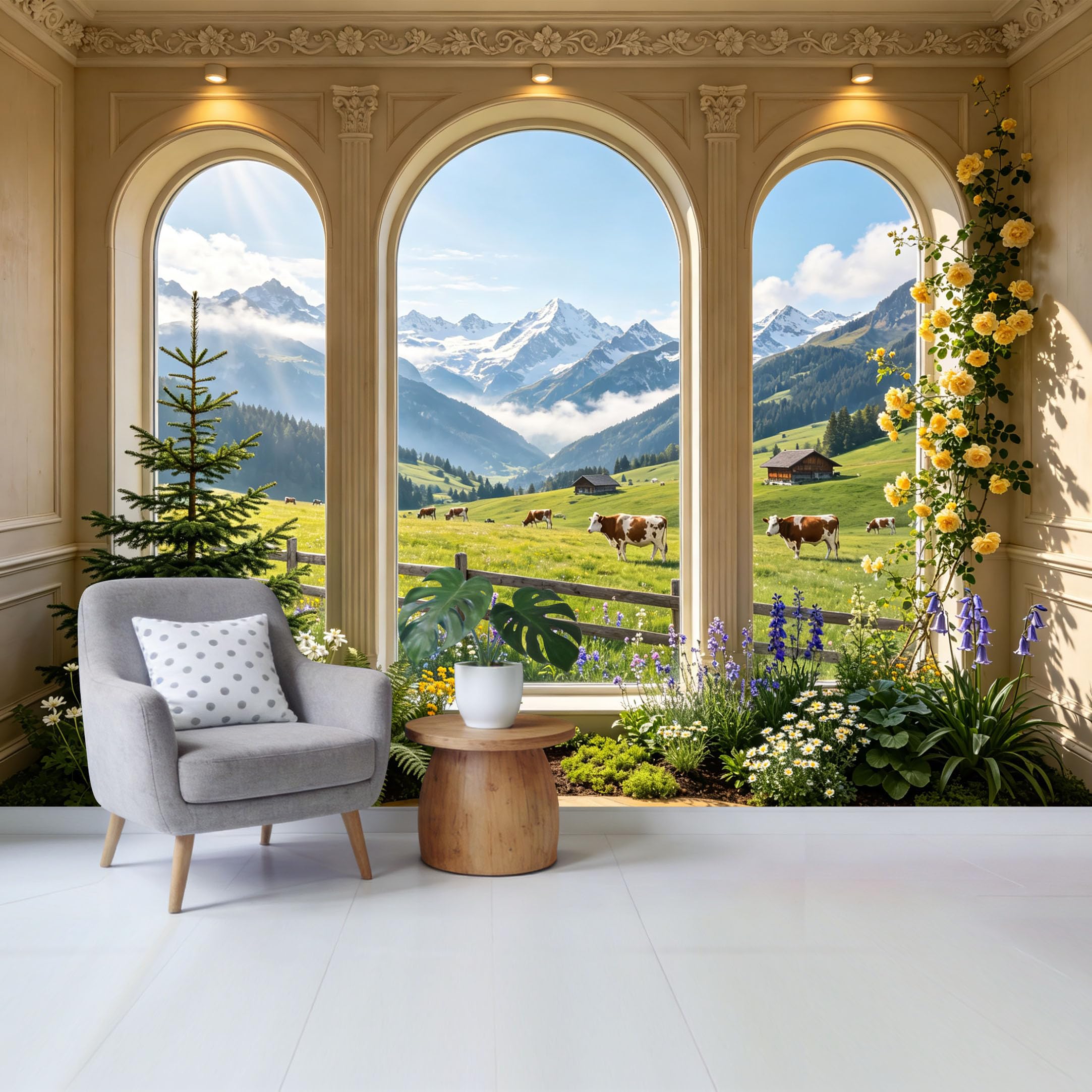 Removable Self Adhesive Fabric Mural， Alpine Meadow Mountain Cattle Landscape Custom Size Wall Covering， UV Protected Waterproof Washable Wall Decor for Living Room Bedroom Bathroom