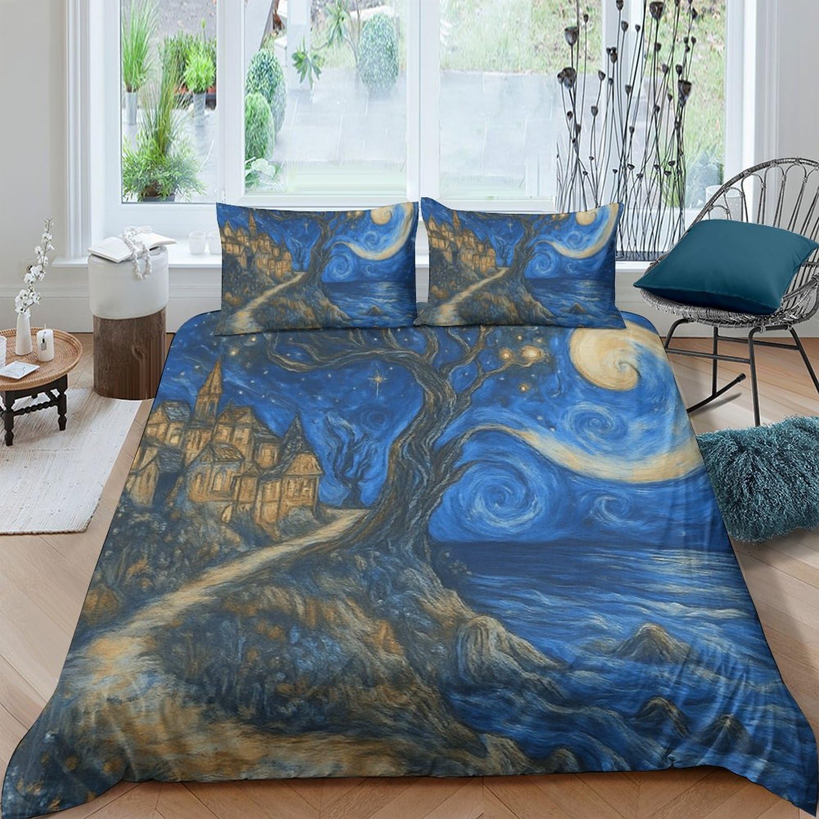Ctjqhvkz Style-5 3D Printed Starry Night Tree Fitted Sheet Microfiber Soft Breathable Moonlight Art Bed Cover For Bedroom Dorm Mattress Decor Single（135X200cm）