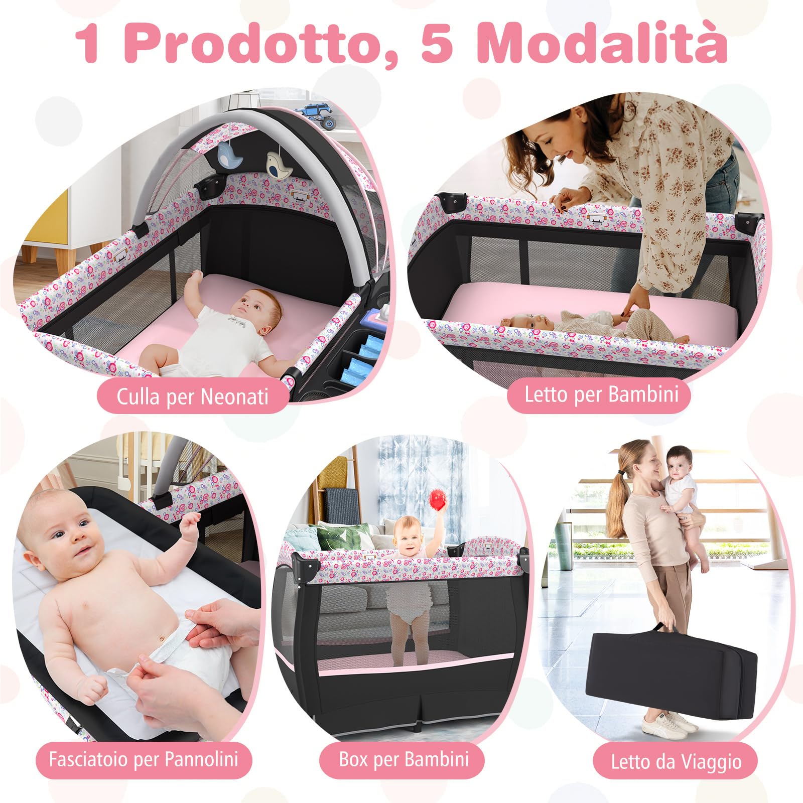 COSTWAY 4 in 1 Lettino Neonato con Materasso, Culla da Campeggio con Fasciatoio Cappottina Regolabile, Ruote Bloccabili, Box Piechevole per Bambini 0-36 Mesi (Fiore Grande)