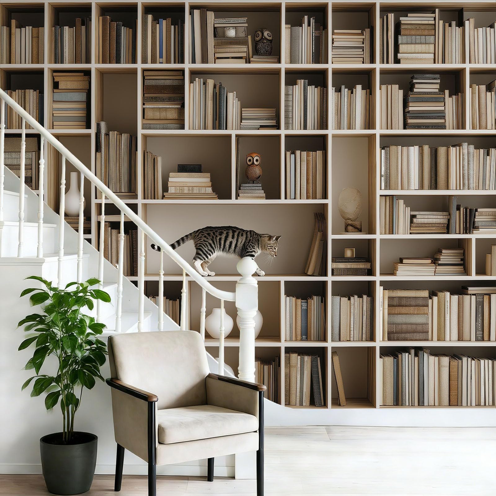 Vlies Fototapete Bücherregal Bücher Tiere Katzen Wohnzimmer Schlafzimmer, Moderner Minimalismus Wandbilder Wand Dekoration Geruchsneutral Vliestapete Wandtapete Poster Für Kindertapete, 350 x 256 cm