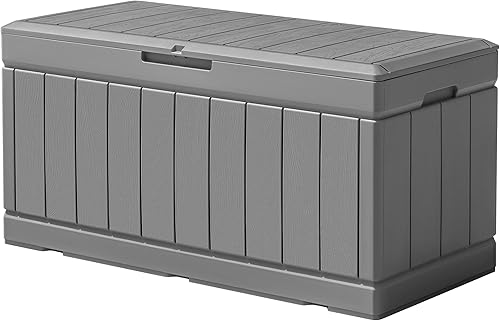 Flamaker Caja de almacenamiento para exteriores, 85 galones, de resina, impermeable, con textura de madera, contenedor de almacenamiento grande para