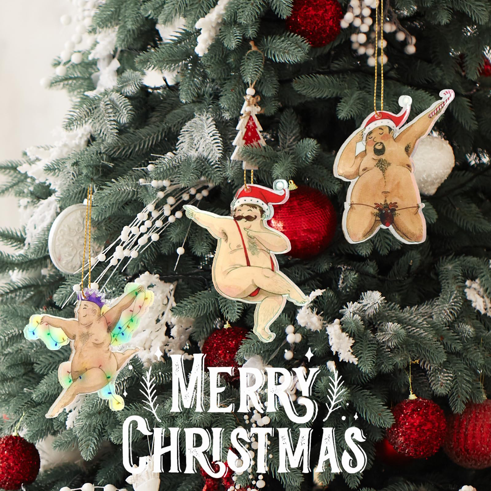 FunisFun Divertidos adornos de Navidad, juego de 3 adornos acrílicos para árbol de Navidad, decoración colgante de Papá Noel sucio, elefante blanco, intercambio de regalos