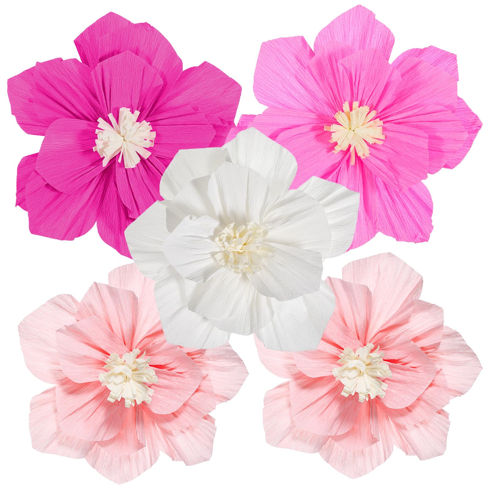 Grevosea 5 PCS Pink Paper Flowers, Artificial 3D Wall Décor Tissue Paper Flowers Crepe Decorations for Wedding Birthday Bridal Baby Shower Nursery Room Backdrop Table Centerpieces Party Supplies