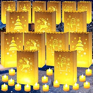 30 Sets Christmas Luminaries Bags Flame Resistant Candle Bags Xmas Tree Design Luminary Lantern Bags with Flameless Candles LED Tea Lights Candles for Xmas Halloween Thanksgiving Party (Cute)