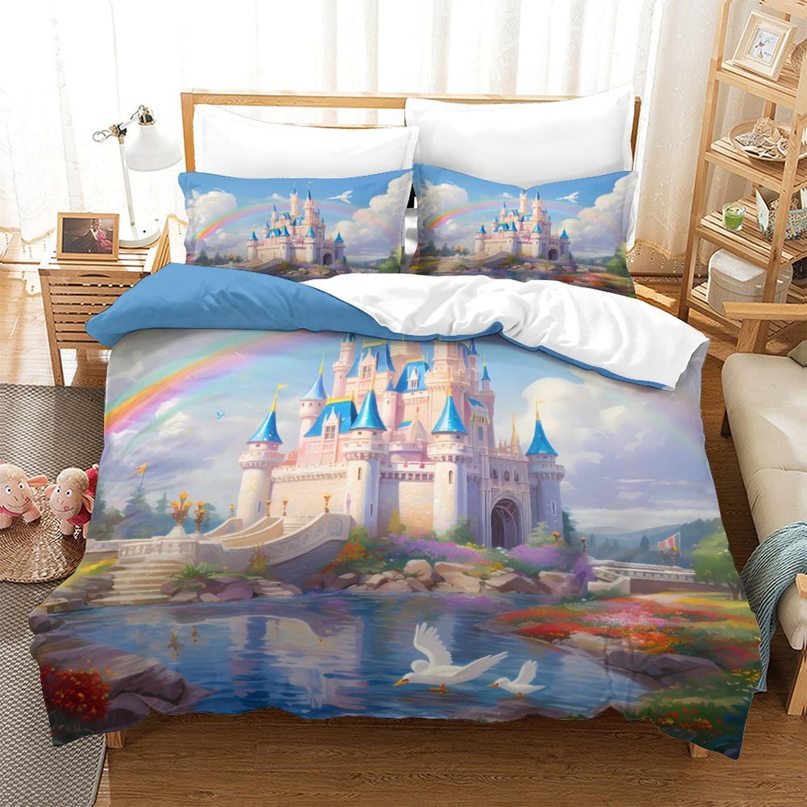 Fantasia del castello Impressione 3D 3 pz fodera per edredone Stile fiaba magica coperteletto microfibra morbida ipoallergenica per bambini ragazze adulti King（220x240cm）