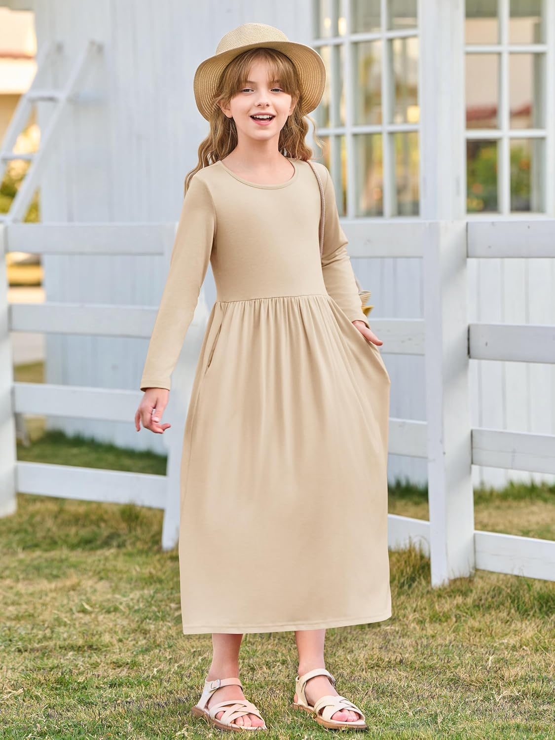 Haloumoning Girls Maxi Dress Long Sleeve Casual Holiday Dress with Pockets for 5-14 Years - Image 3
