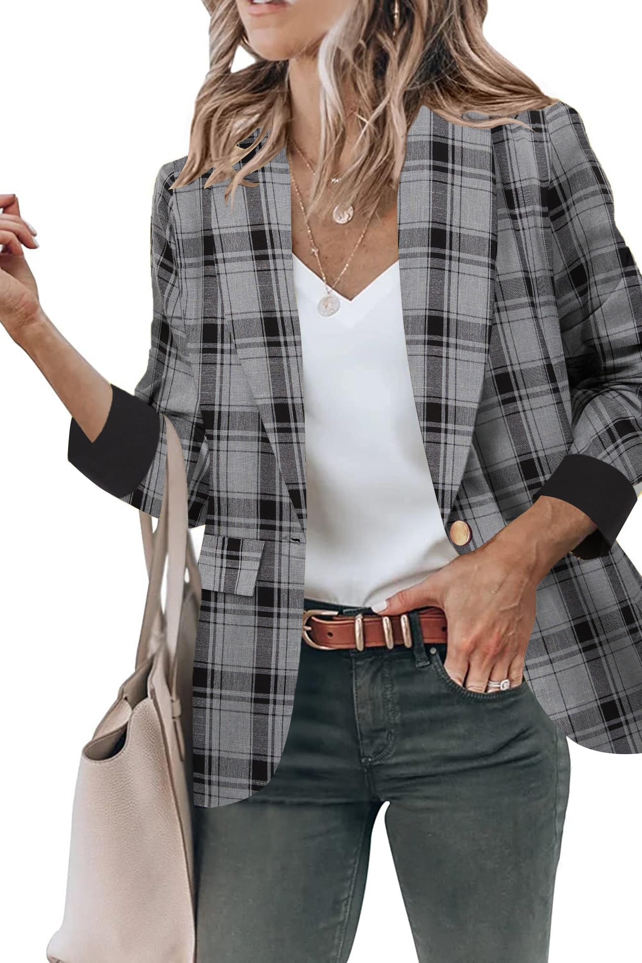 genhoo Womens Flannel Shirts Roll Up Long Sleeve Plaid Shirt Collared Button Down Gingham Casual Top S-4XL-picture-41
