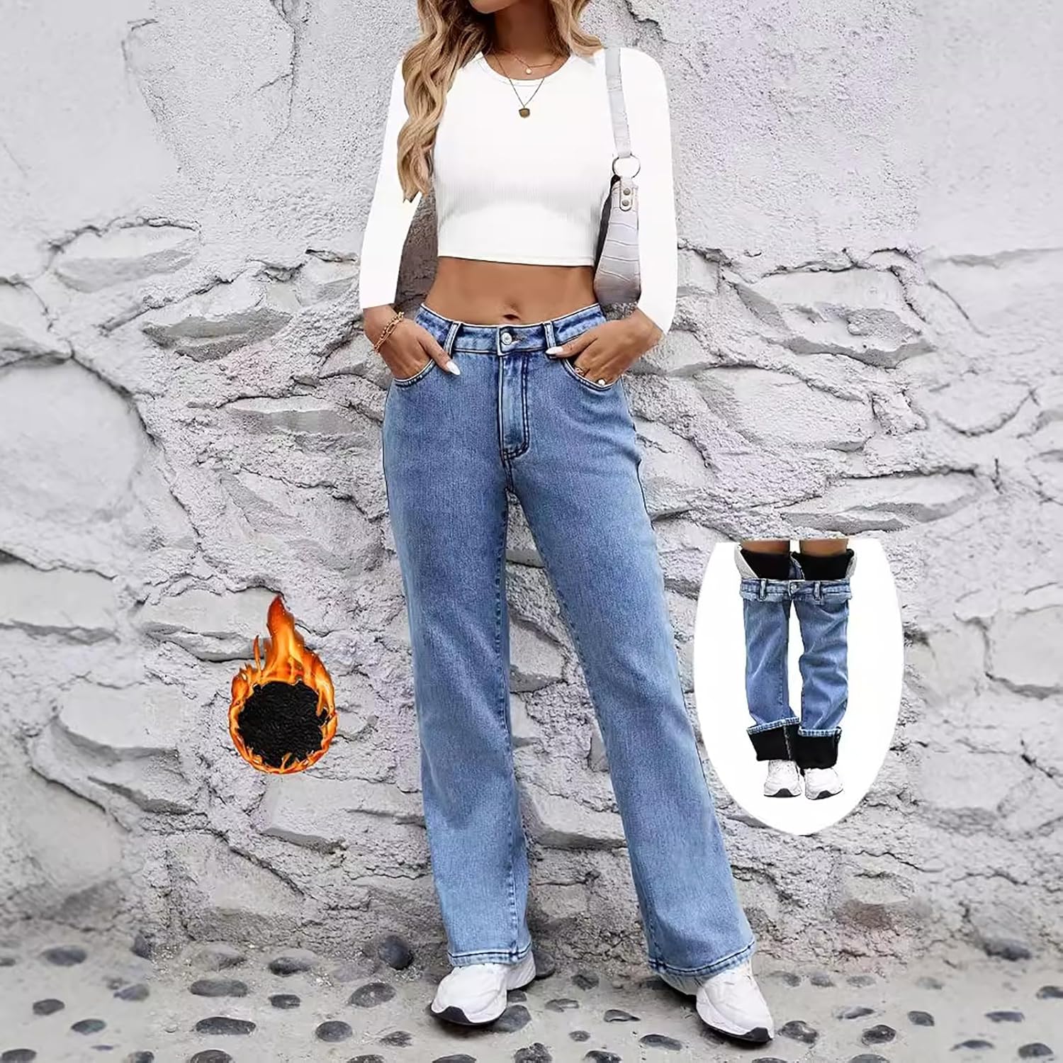 Women's Winter Fleece Lined Jeans Mid Rise Stretchy Thermal Straight Leg Denim Pants