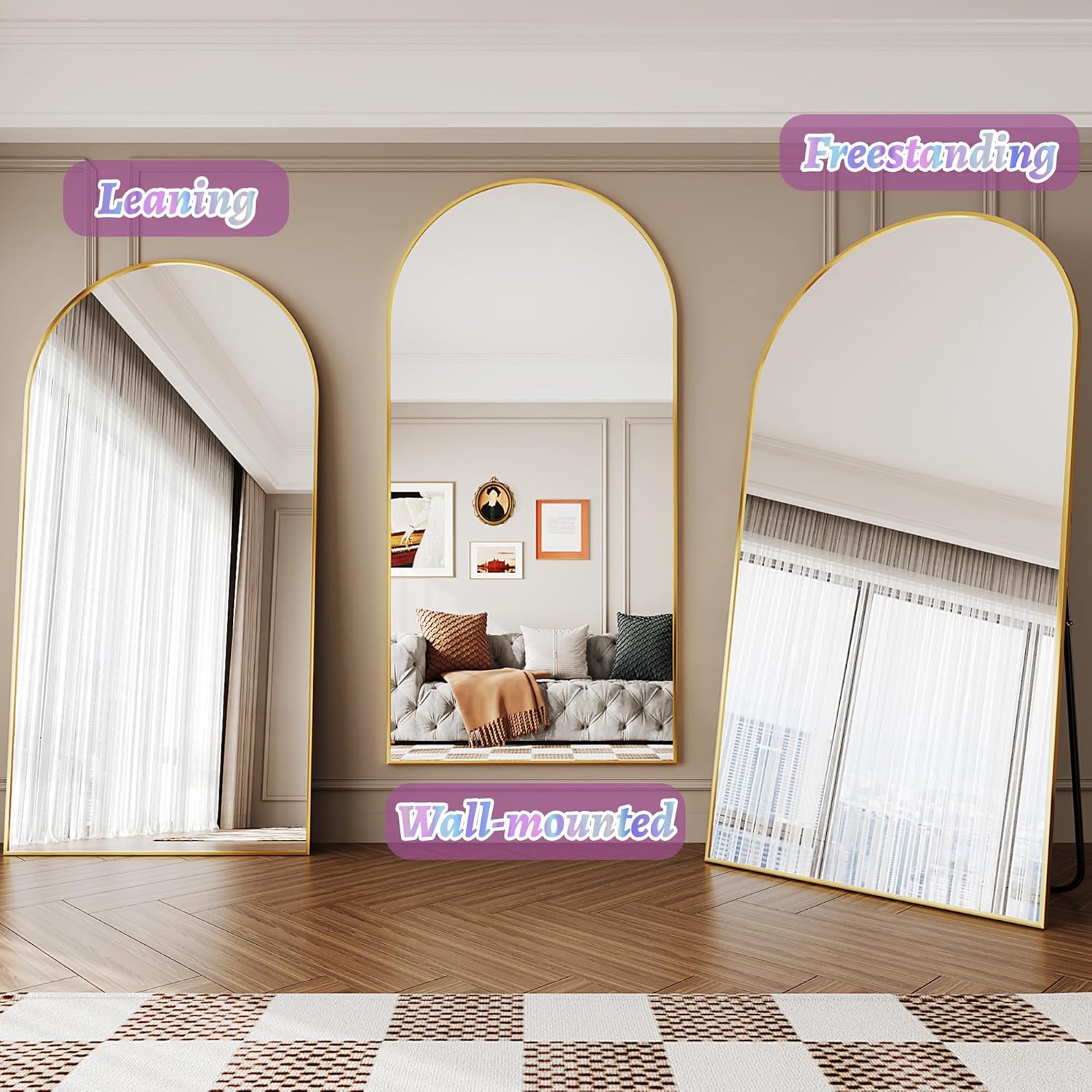 Full Length Mirror, 78"x38" Oversized Floor Mirror Freestanding, Full Body Floor Standing Mirror with Stand, Hanging Mounted for Bedroom Living Room, Gold, Arched Style