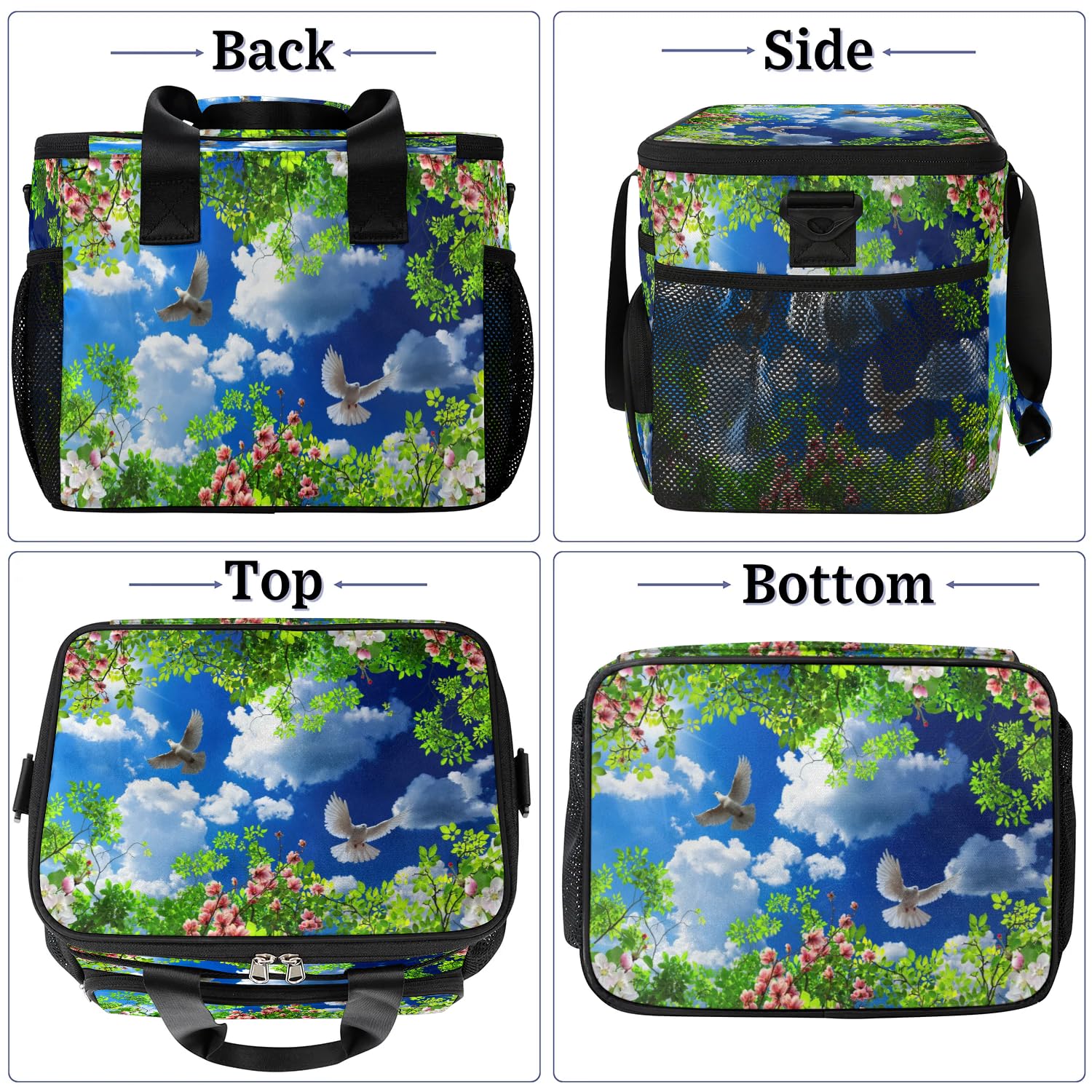 Grand sac à déjeuner isotherme pour adultes, hommes, femmes, enfants, filles, garçons, motif fleurs de cerisier, pigeon, plante printanière, sac isotherme pour le travail, le pique-nique, le barbecue