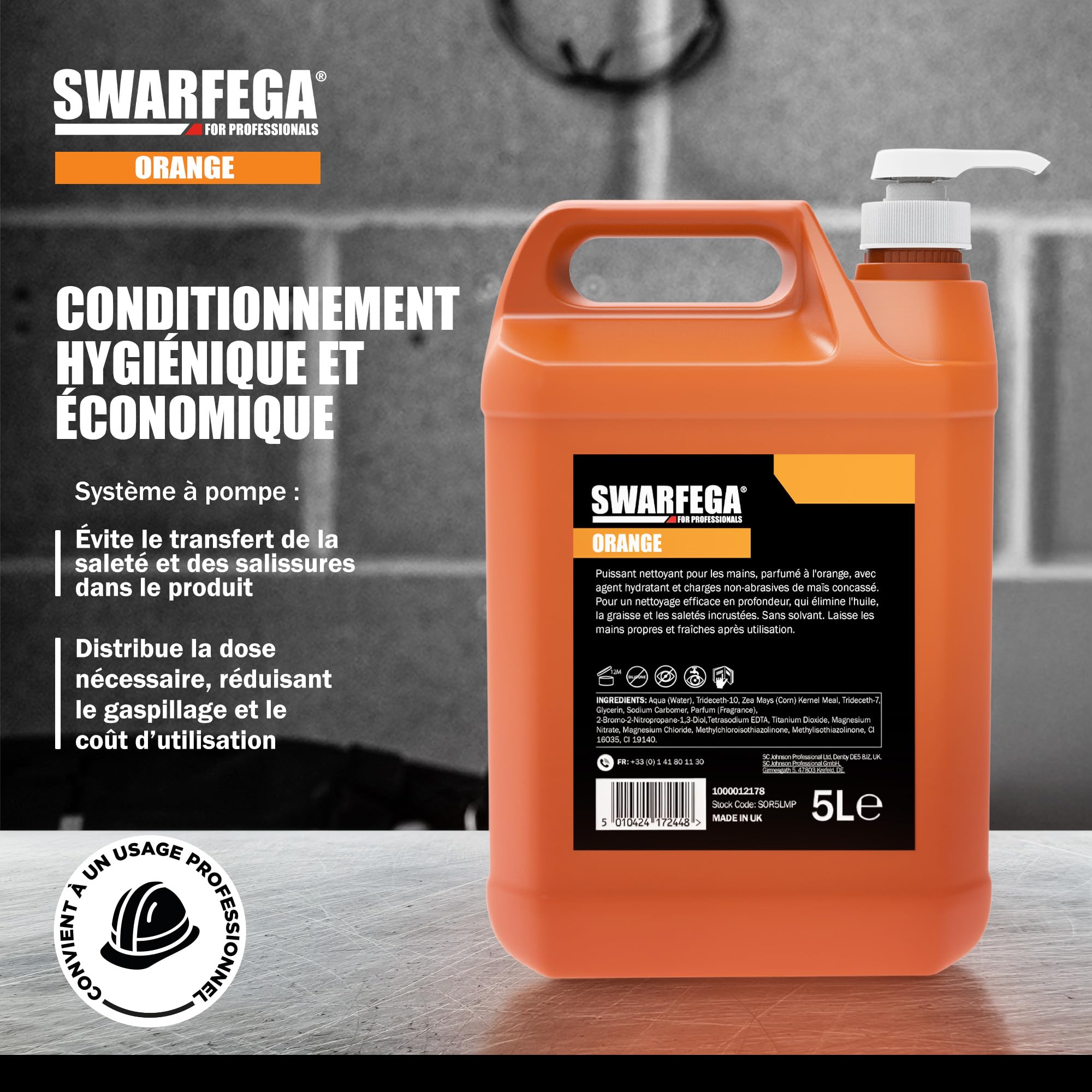 Swarfega Orange Pompe 5L – Nettoyant Mains Puissant, Sans Solvant, Particules Non Abrasives, Élimine Huile, Graisse et Saleté Industrielle, Système Pompe Hygiénique – Pour usage professionnel