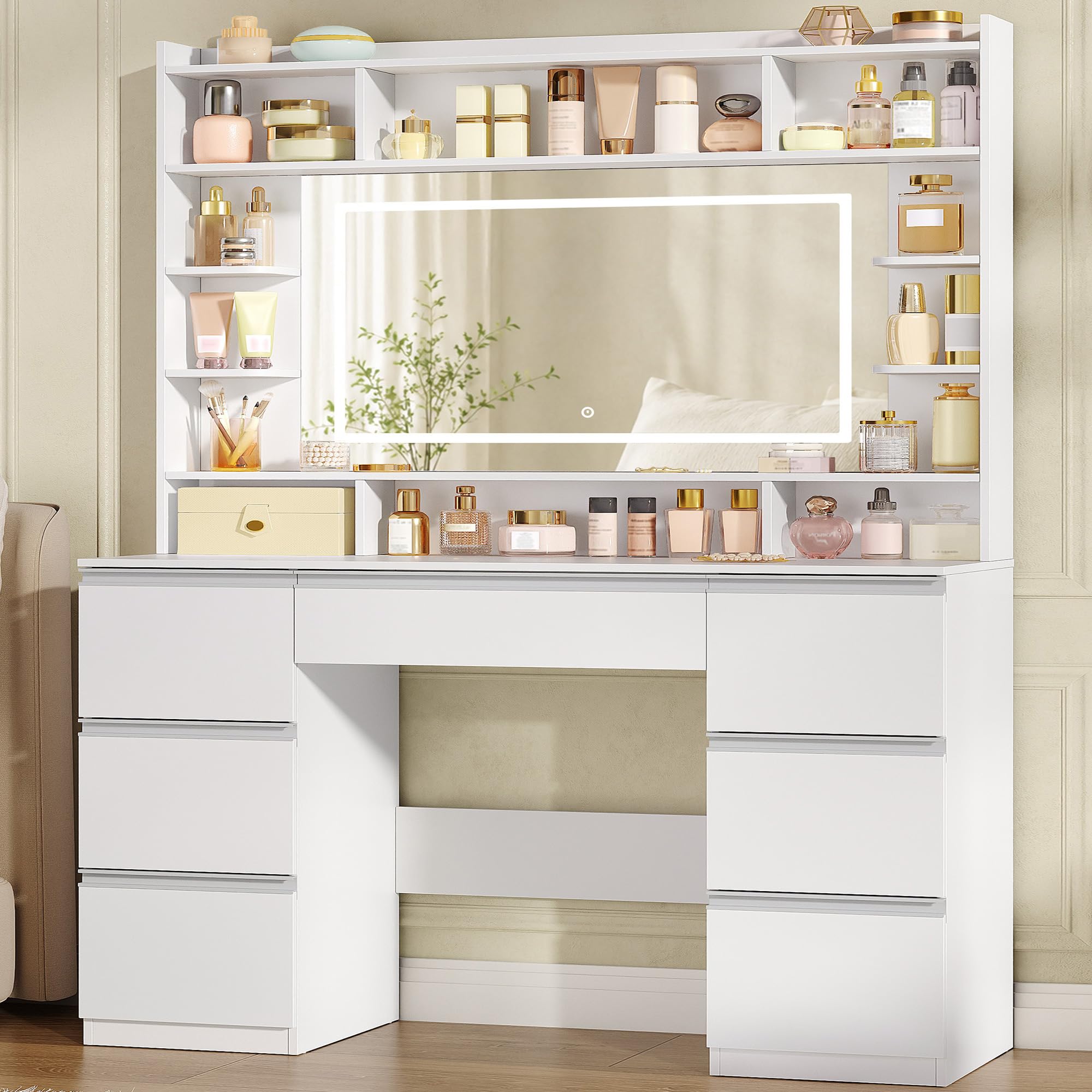 Hzuaneri Coiffeuse avec Grand Miroir, Coiffeuse avec Éclairage LED, Blanc
