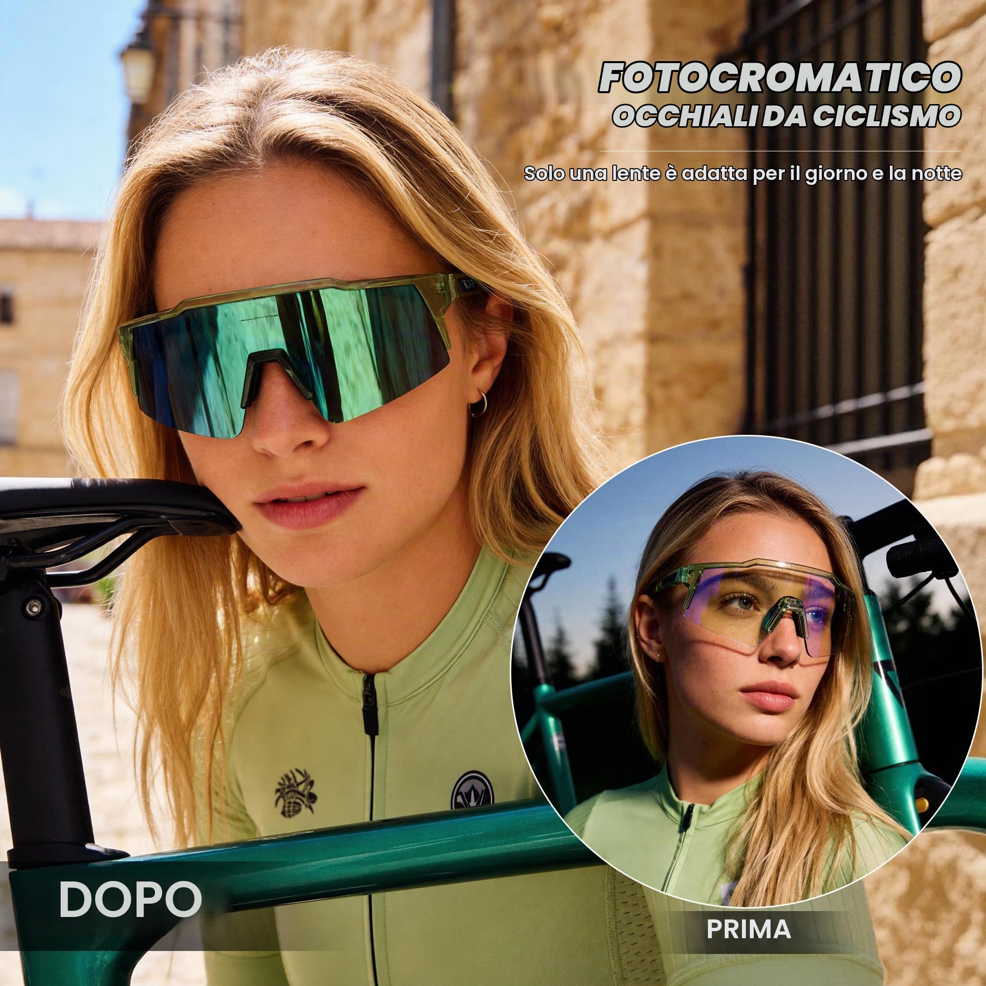 KAPVOE Occhiali da ciclismo fotocromatici UV400 uomo donna TR90 K9023 | Tecnologia fotocromatica full frame, Protezione UV400, Struttura TR90 e supporto interno integrato