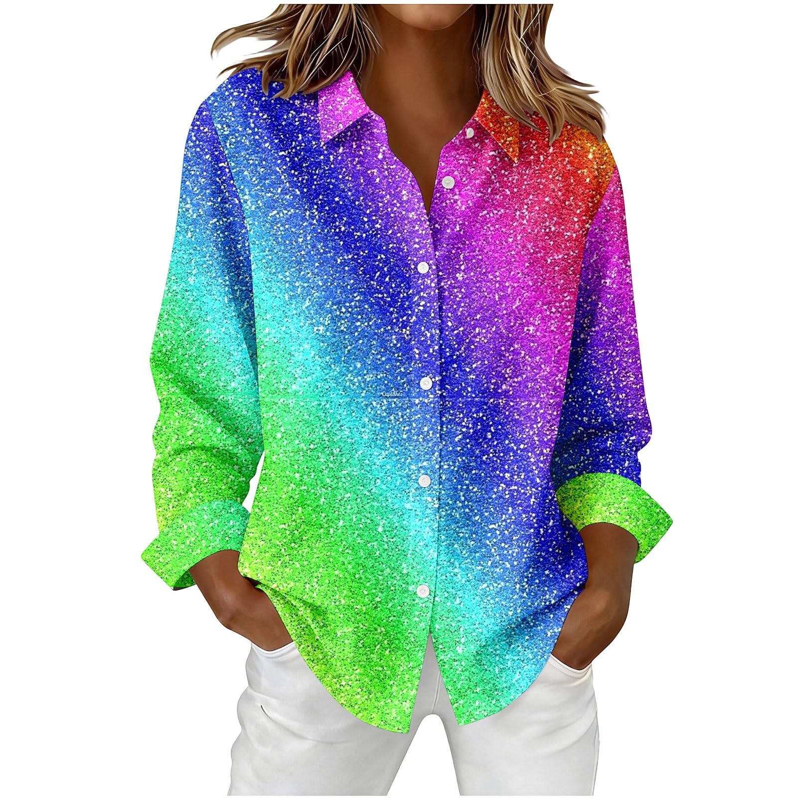RAOKENSU Rainbow Shirt Blouse Women's LGBTQ Gay Pride Shirt Lightweight Thin Blouse Summer Leisure Shirts Long Sleeve Lapel Blouses with Button Placket LGBT Bodycon Women's Blouses Button Down Tops, R