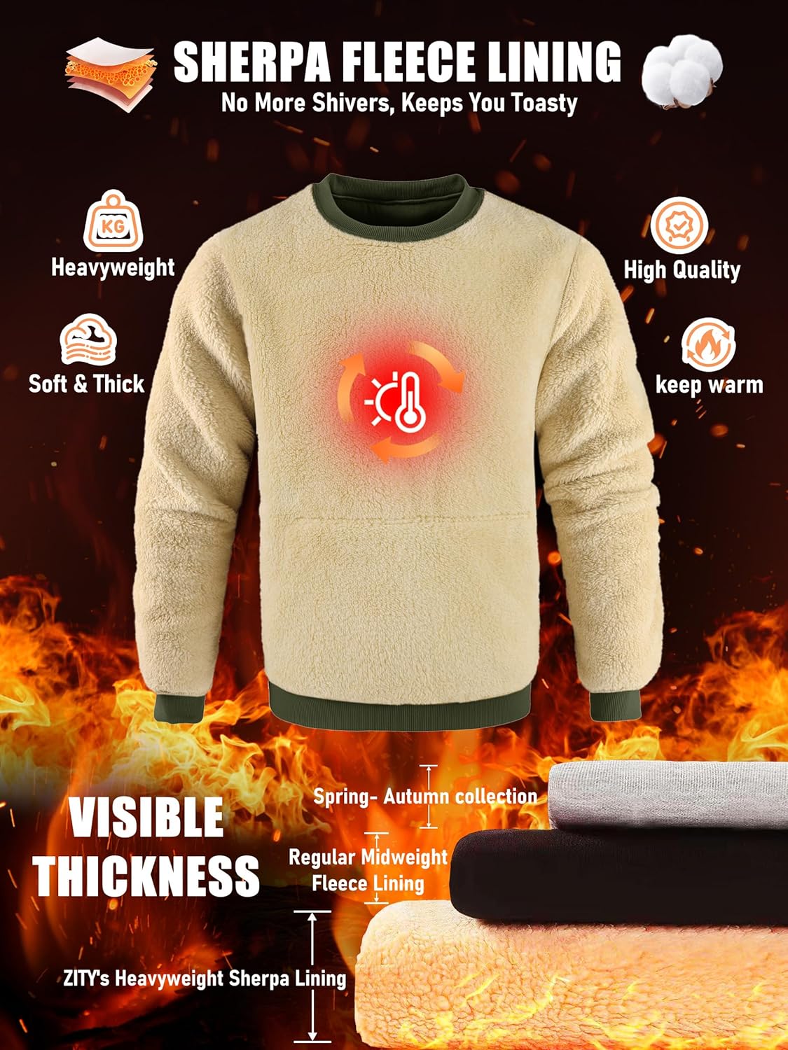 ZITY Men's Sherpa Lined Sweatshirt Heavyweight Fleece Crewneck Sweatshirts Kangaroo Pocket Thick Winter Long Sleeve Pullover - Image 4