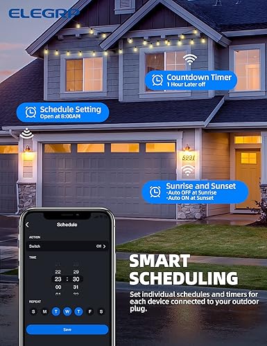 Miniatura 5 de ELEGRP PQR10 Enchufe inteligente Wi-Fi para exteriores, resistente al agua IP66, compatible con Alexa y Google Assistant, control remoto por voz y