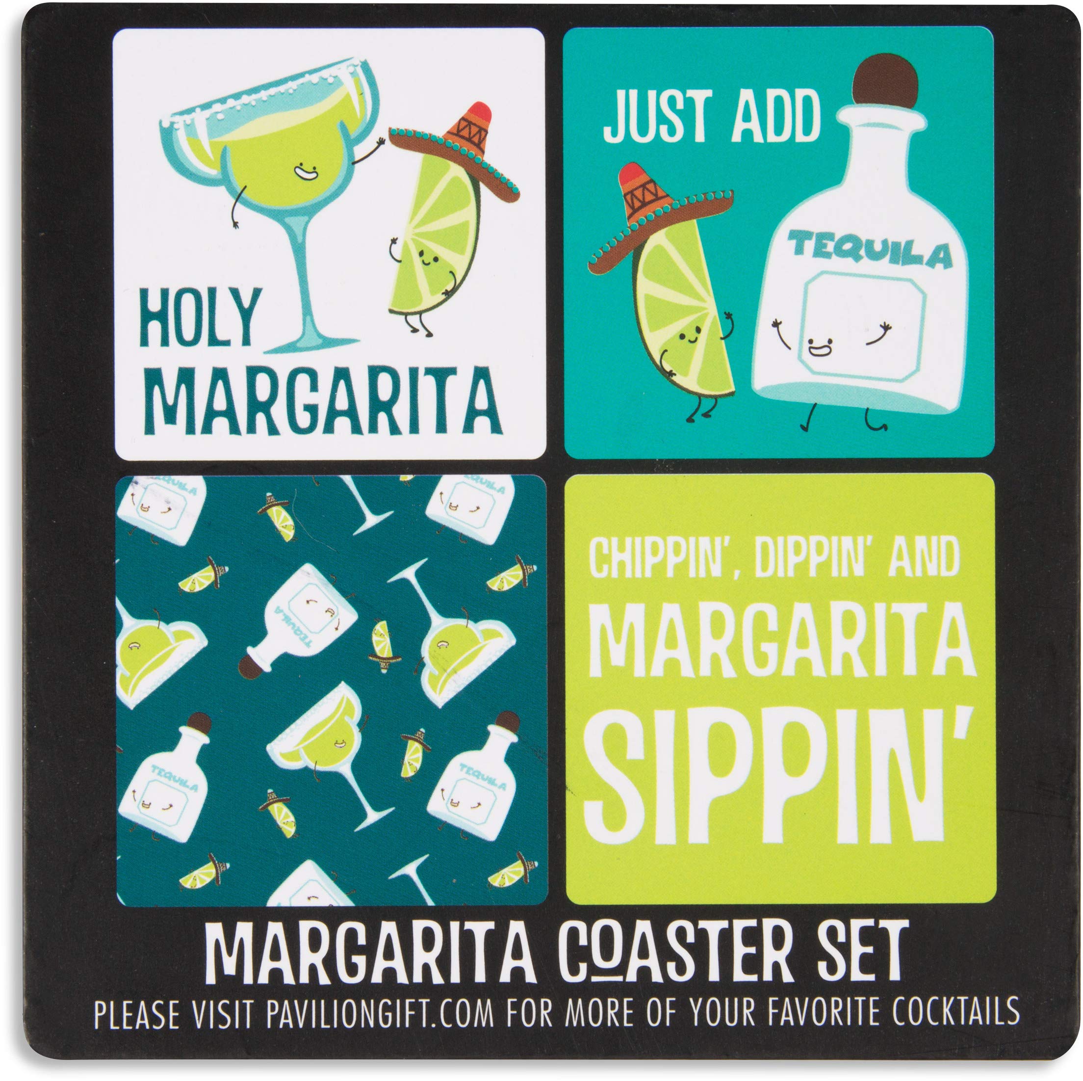 Pavilion - Margarita - 4 Piece Sentiment, Pattern and Character Coaster Set With Box Holder - 4 Inch