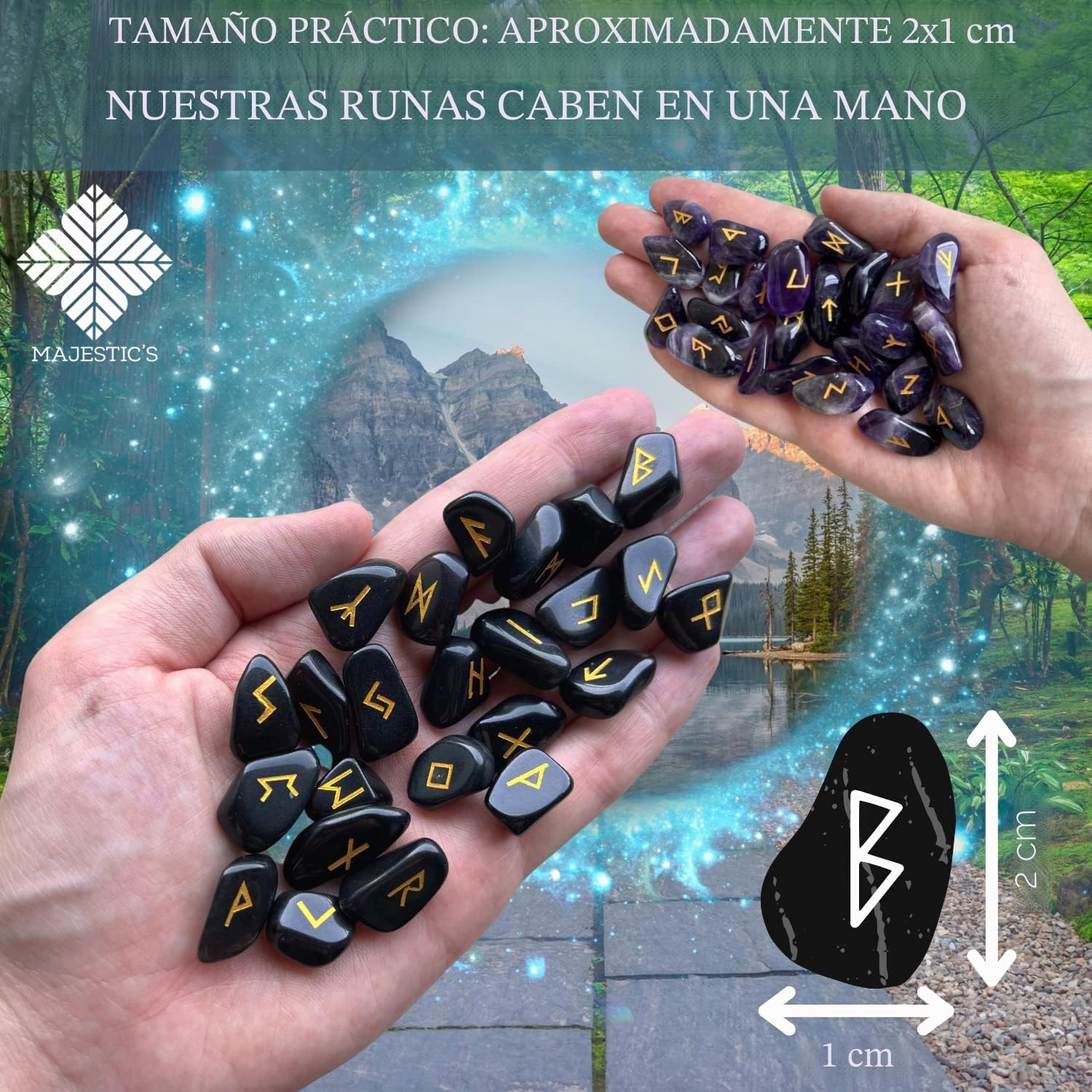 Majestic's Runas Celtas Vikingas Aventurina Verde, Juego de 25 Piedras Brillantes semipreciosas grabadas (2 cm x 1 cm) + Bolsa Negra + Libro práctico (PDF) – Alfabeto rúnico Futhark para adivinación