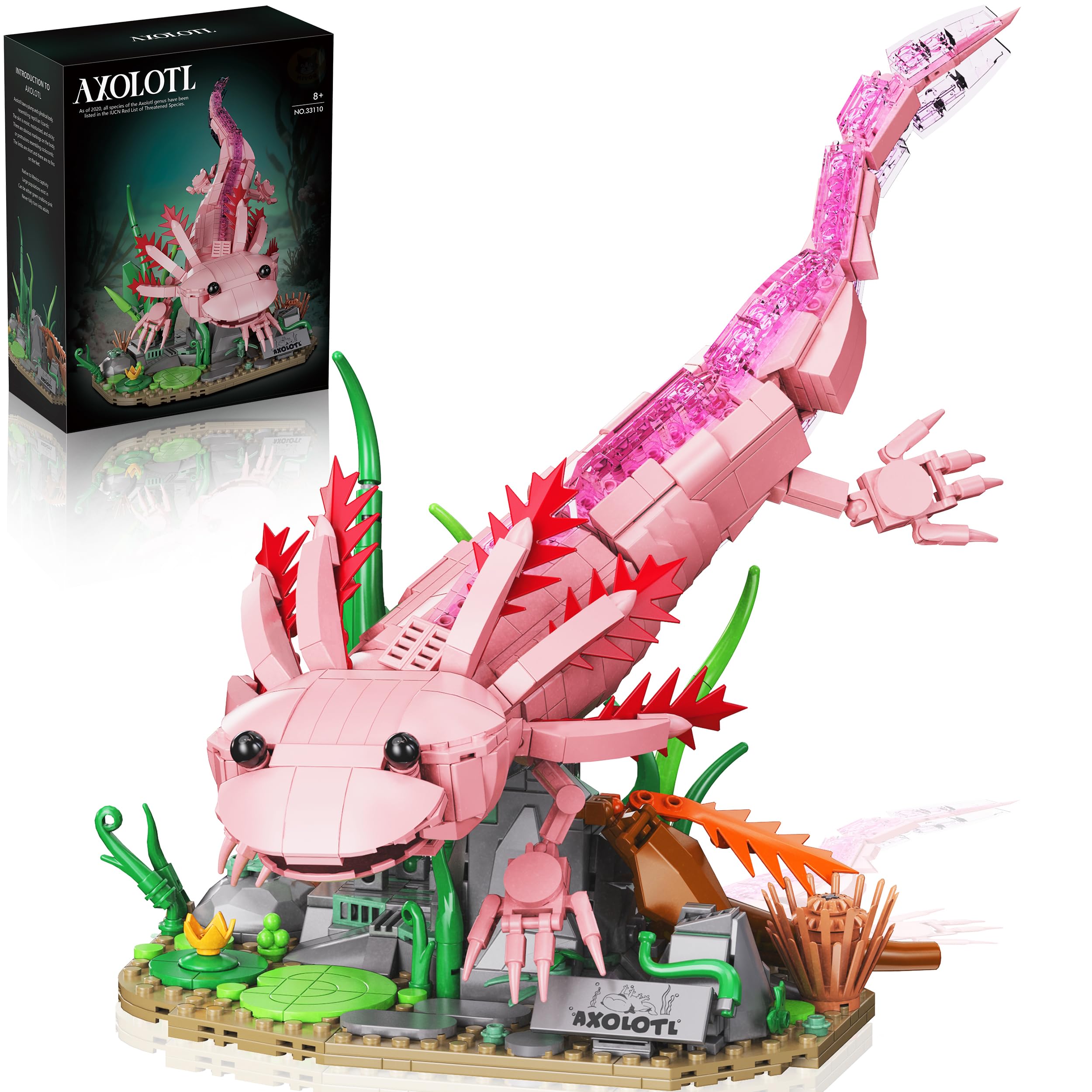 Axolotl Ensemble de construction pour adultes et adolescents de 14 ans et plus, blocs de construction avec base de présentation, figurine d'axolotl articulée, décoration de bureau à collectionner