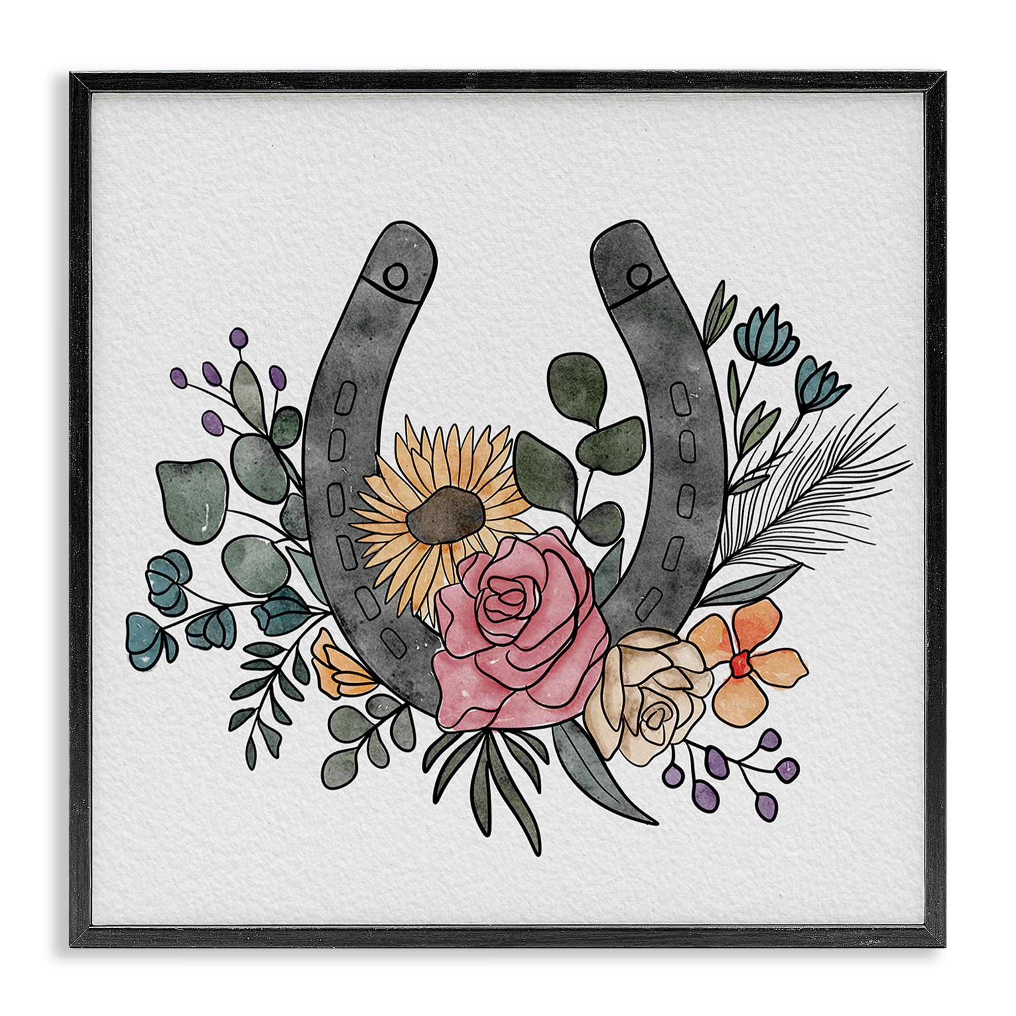Stupell Industries Midnight Black (Textured) Boho Floral Horseshoe, 17 X 17 Inch Framed Giclée Print