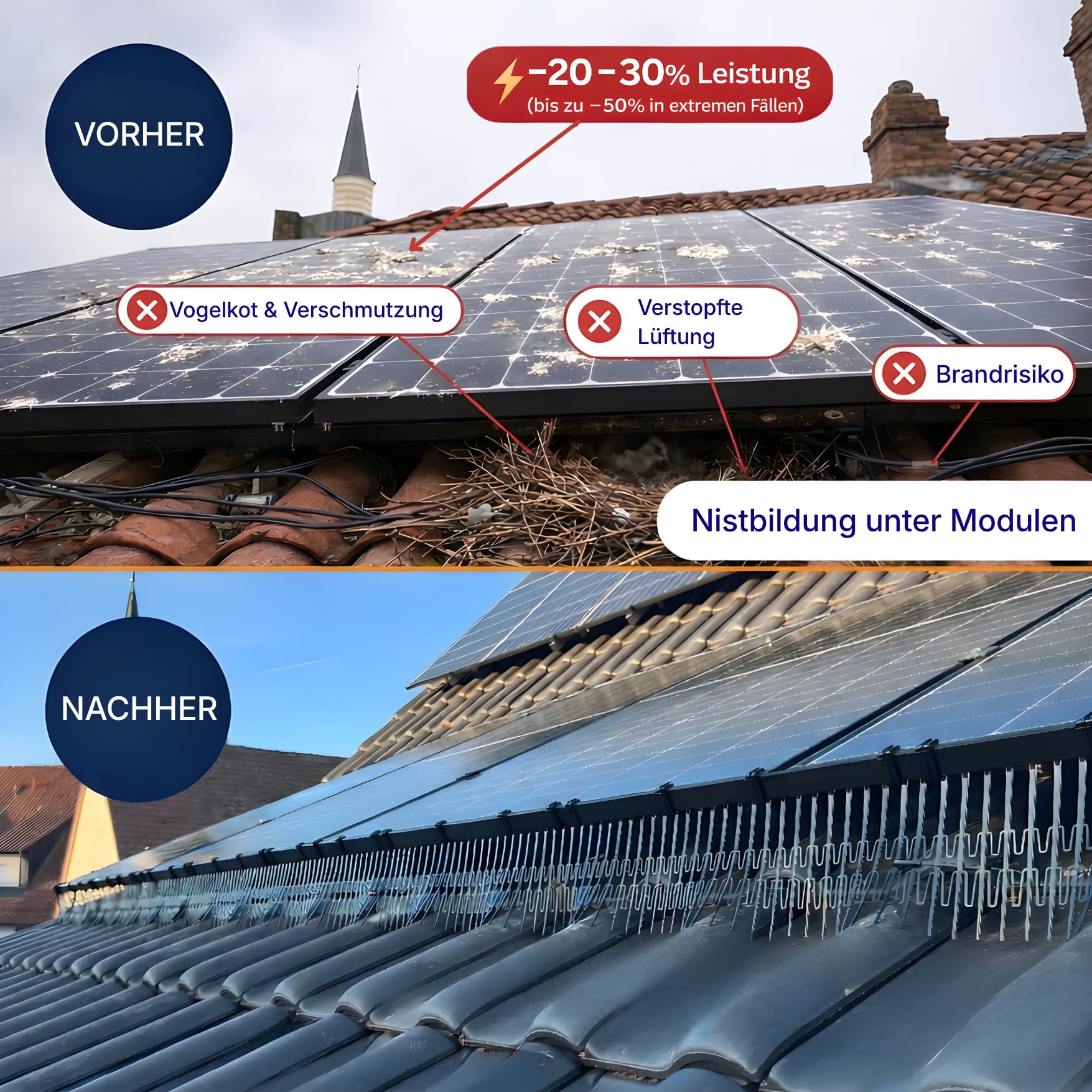 Vogelabwehr 40m – C-Clip 30mm – Standard 150 mm, UV-beständiges Schutznetz für Solaranlagen