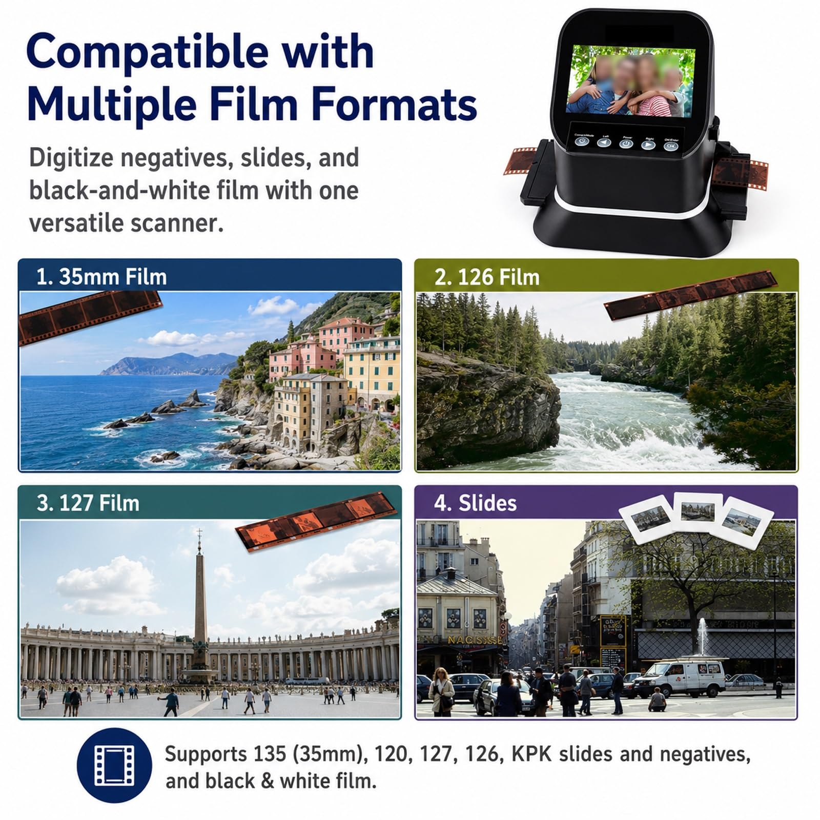 Scanner Digitale for Pellicole E Diapositive | Digitalizzatore di Diapositive Autonomo, Funziona tramite Cavo USB o Adattatore di Alimentaze