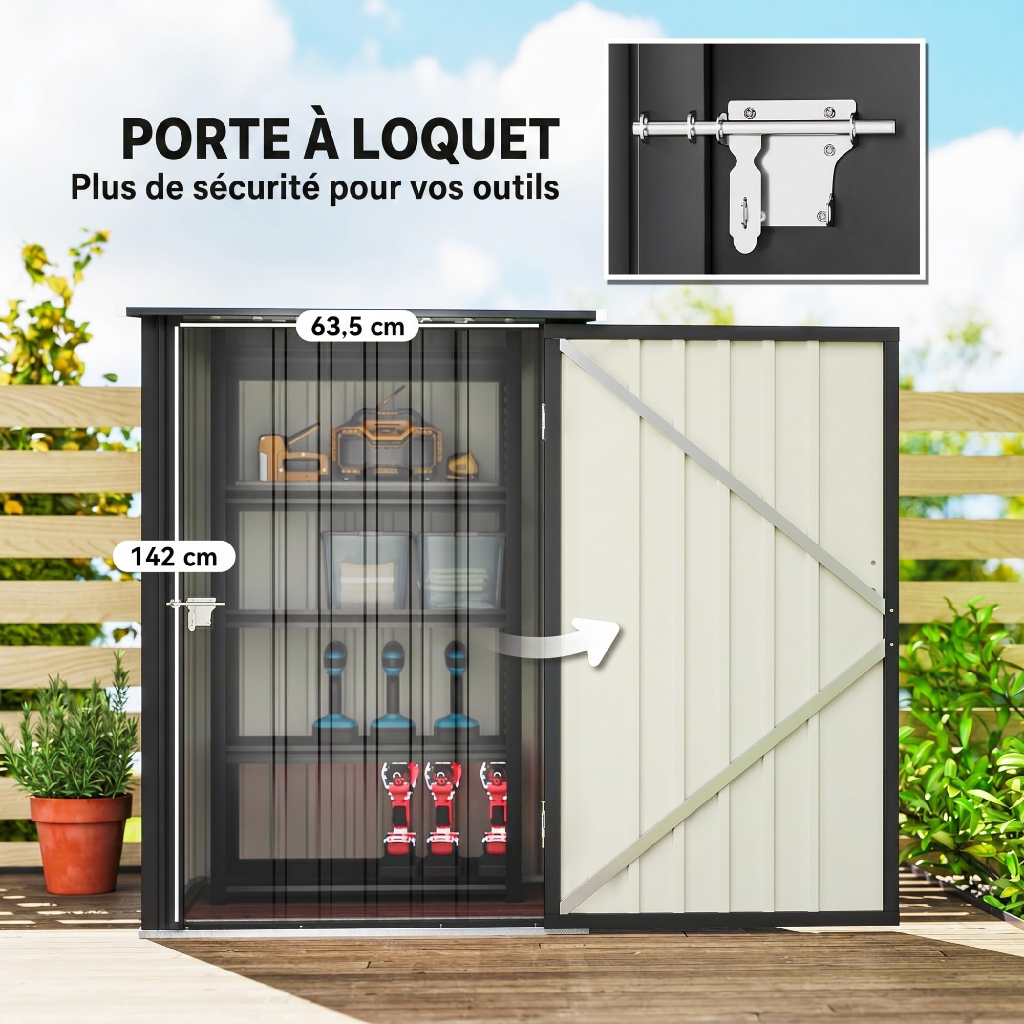 Outsunny Casetta da Giardino 0.92m² in Acciaio Zincato, Capanno Porta Attrezzi con Porta Battente Bloccabile, Tetto Inclinato, 100x104x160 cm, Grigio Scuro