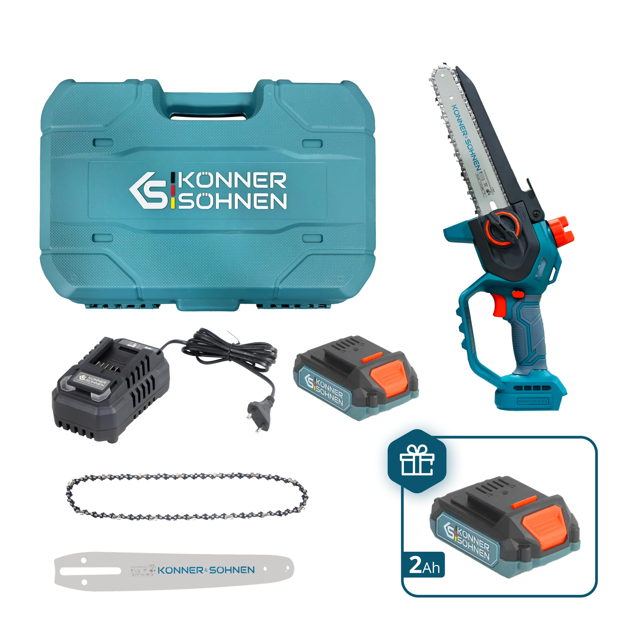 K&S Könner&Söhnen KS MCS20V-8 CASE PLUS - Minimotosierra inalámbrica con riel de 8 pulgadas y velocidad de cadena de 8 m/s, cargador de batería de 20 V y 2 rieles y 2 cadenas de 8 pulgadas. Batería KS