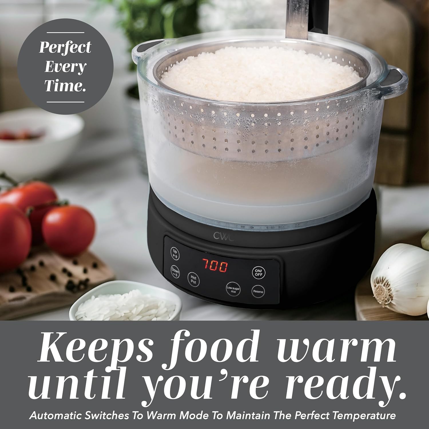 COOK WITH COLOR 3L Glass Mini Low Carb Rice Cooker – Holds 2 Cups Raw/Makes 6 Cups Cooked with Auto Lift Filter Basket, Hotpot & Steamer for Rice, Grains, Digital Panel with Keep Warm, Black