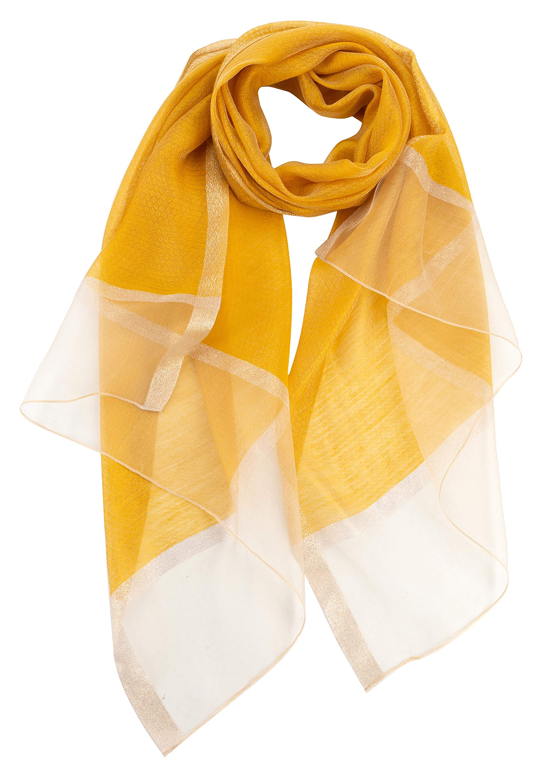 World of Shawls New Sheer Textured Two-Tone with Shimmer Border Scarf Scarves Wrap Stole (Mustard)